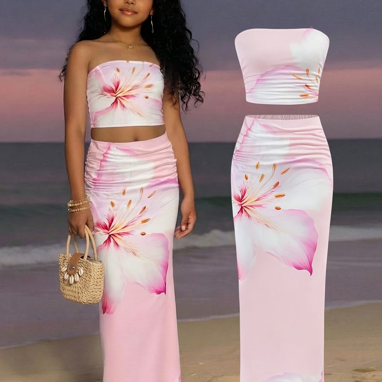 Image of Girl's Sleeveless Tank Top + Printed Floral Skirt 2pcs Set, Slim-fit Casual Comfortable Tank Dress Outfit