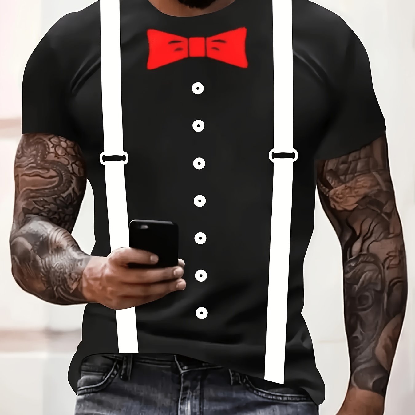 TEMU [print Design Not Button] Men's Summer Fashion Bow Print T-shirt - Casual Short Sleeve, Street Style Suit And Tuxedo Design