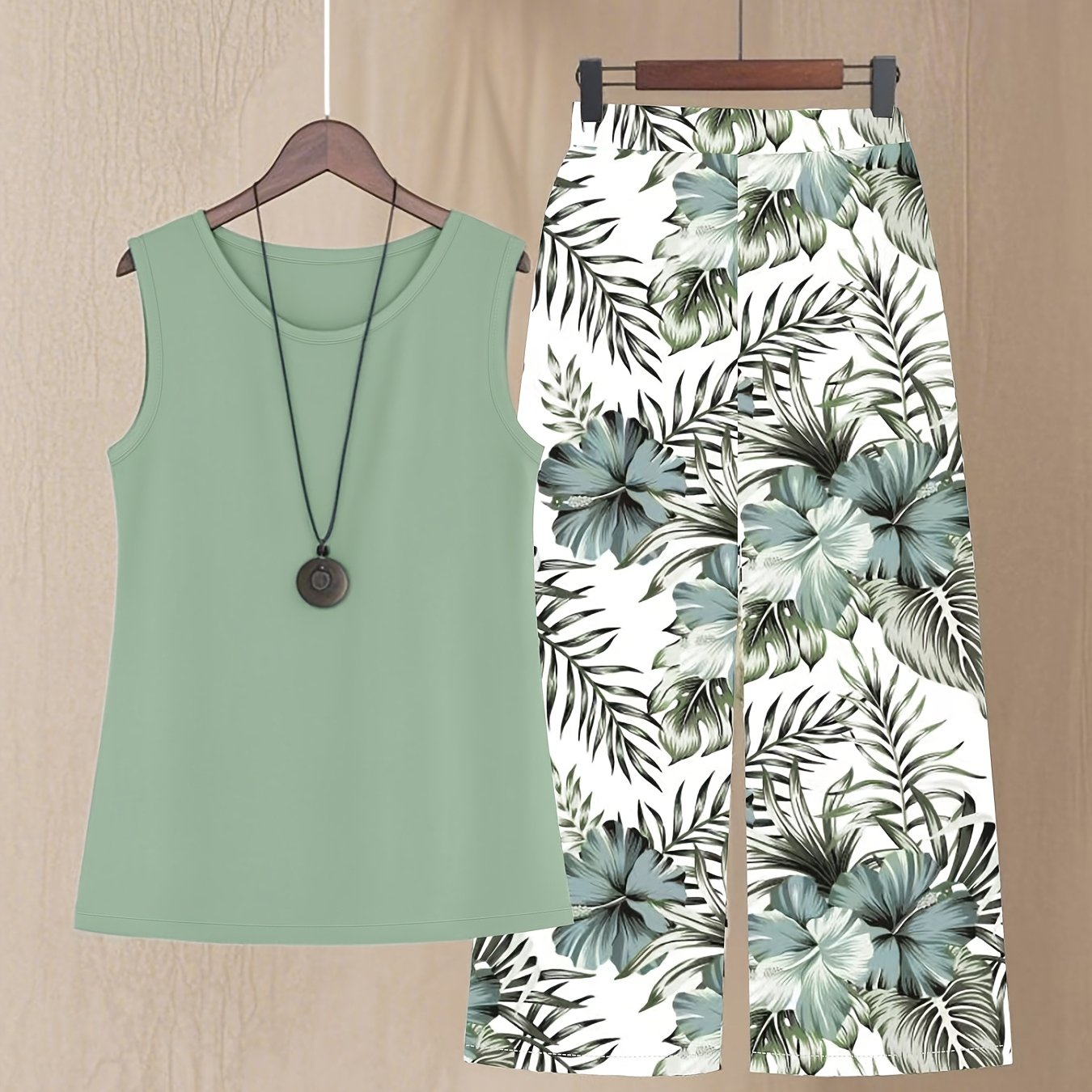 Women's Elegant Suit Solid Color Vest Top And Plant Printed Wide-leg Pants 2pcs Set