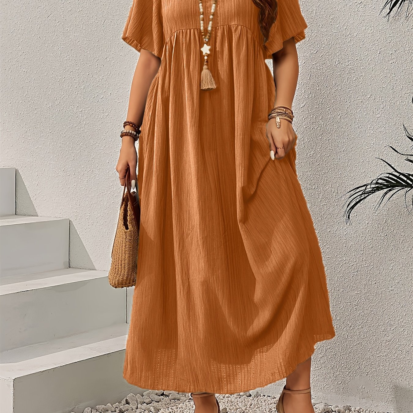 TEMU Plus Size - Plus Size - Plus Size Women's Dress, -neck Batwing Short Sleeve Casual Dress, Gift For Mom, , Women's Vacation Wear, , Suitable For