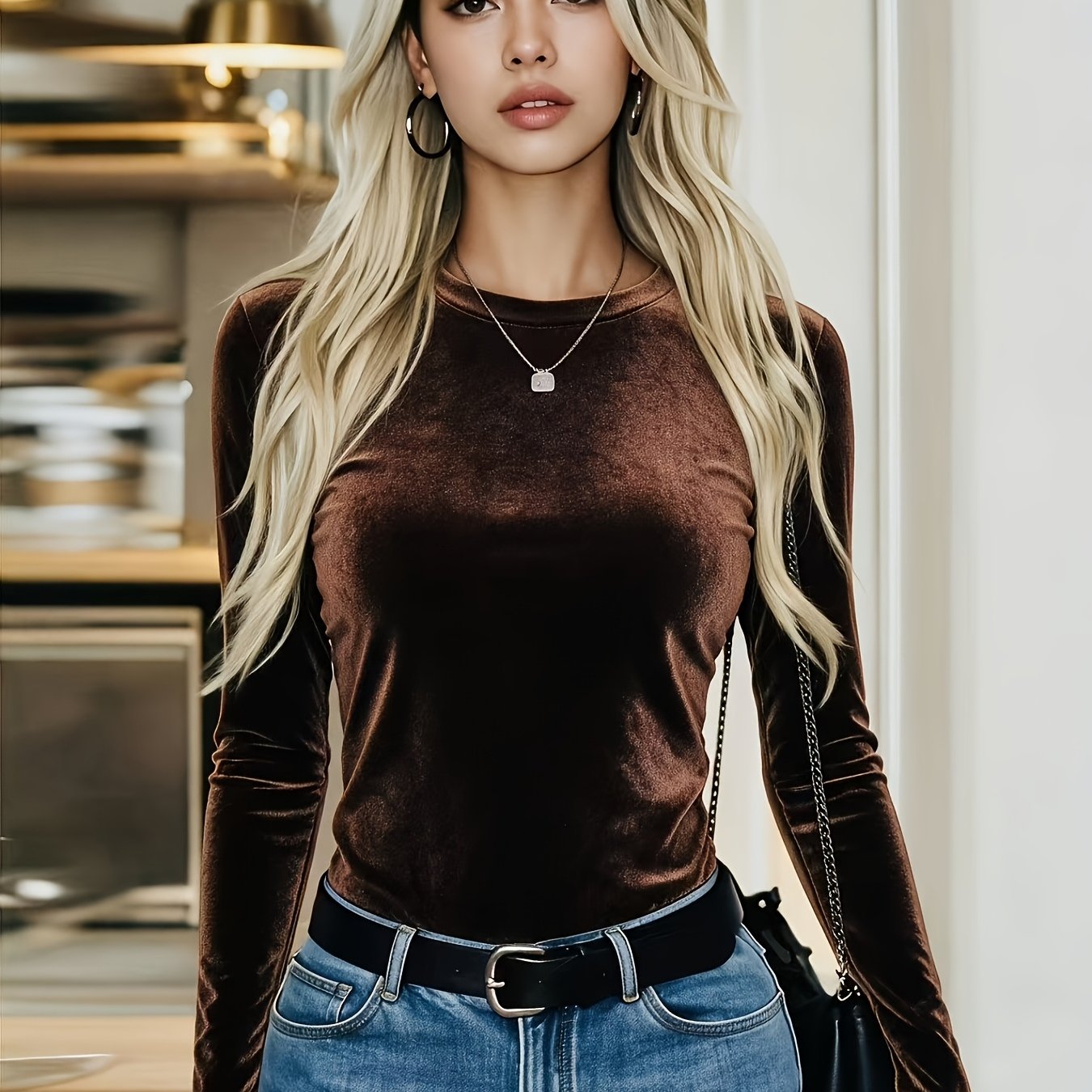 TEMU 2026 New Women' Velvet Fashion Sexy Solid Tight Long Sleeve -shirt Suitable For Autumn Winter Season - Fashion Round Neck, Spring Autumn Season