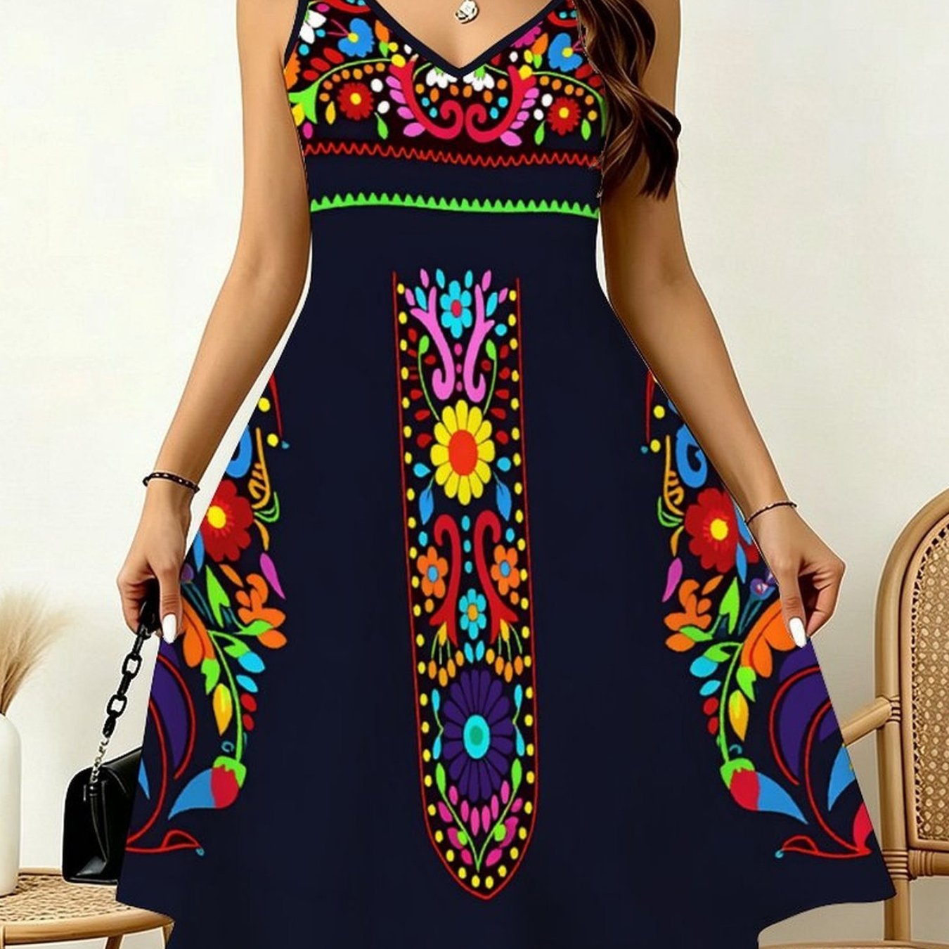 Image of Targeted Women's Sleeveless V-neck Dress With Irregular Hem, Multi-element Printed Pattern, Suitable For Multiple Occasions, Personalized Apparel In Bohemian Style, Exquisite Item