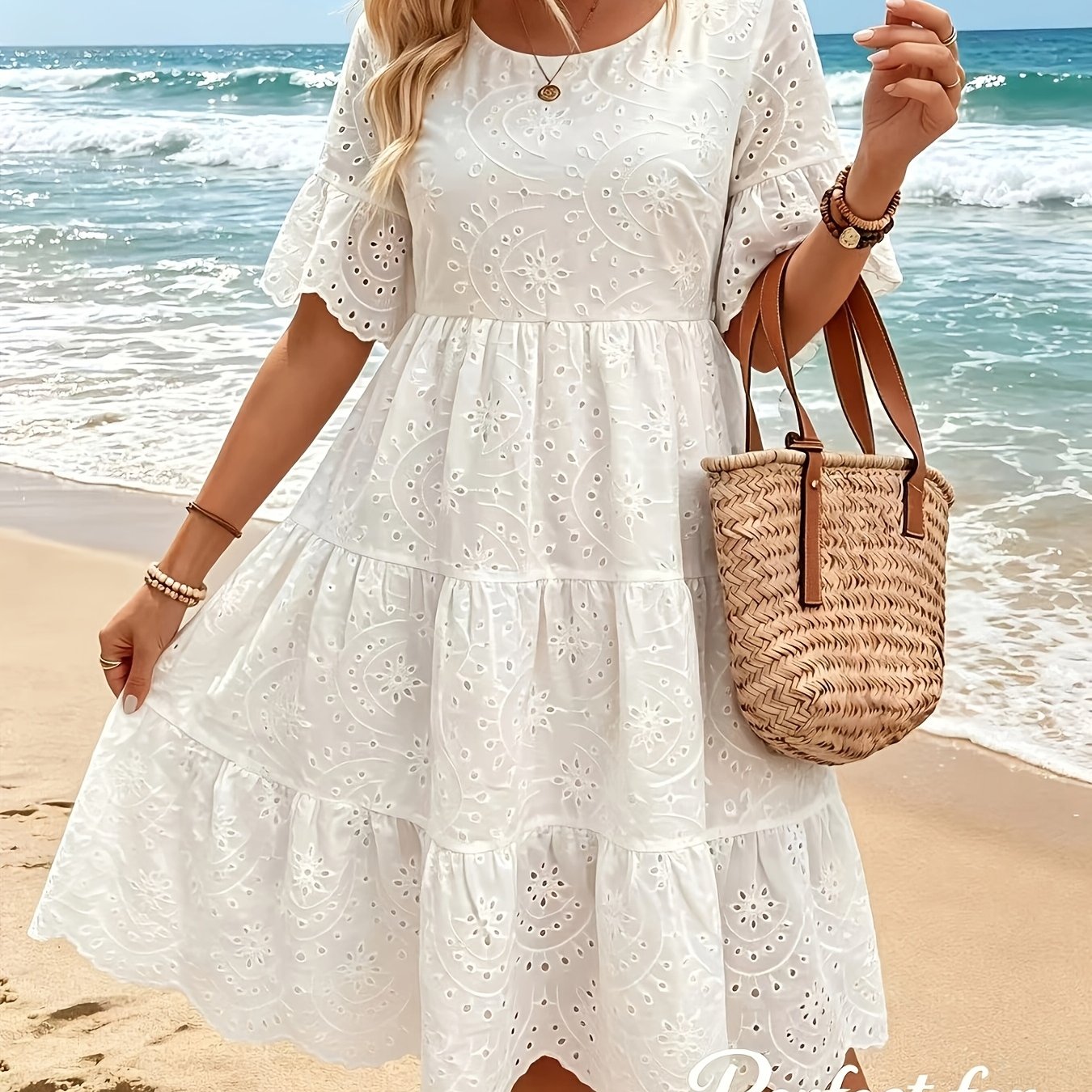 TEMU Solid-colored Fabric Embroidered Lace-cutout Dress, Casual Wear, Elegant Clothing, Round Neckline, Lace Details, Fabric, , Embroidered Gown,