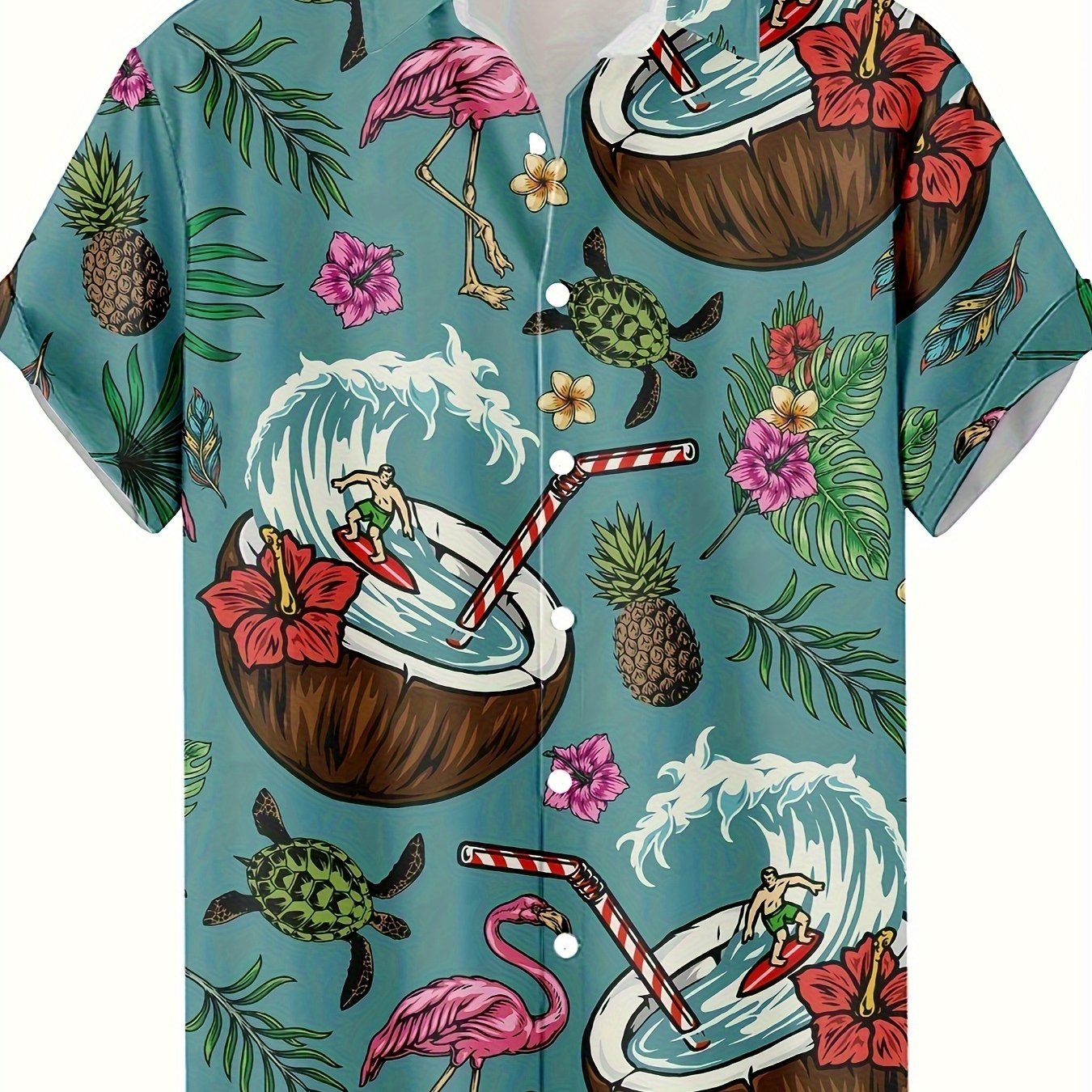 TEMU Men's 3d Printed Tropical Hawaiian Shirt - Vibrant Surfing And Coconut Drink Patterns, Flamingo And Pineapple Design, Short Sleeve Casual