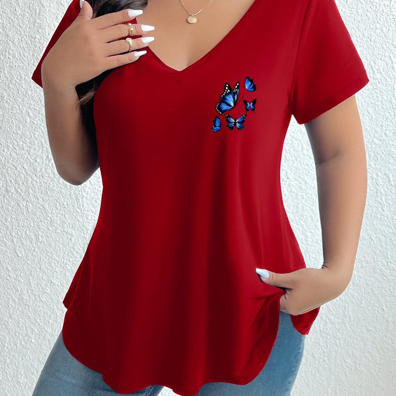 TEMU Plus Size Women's V-neck Geometric Pattern T-shirt