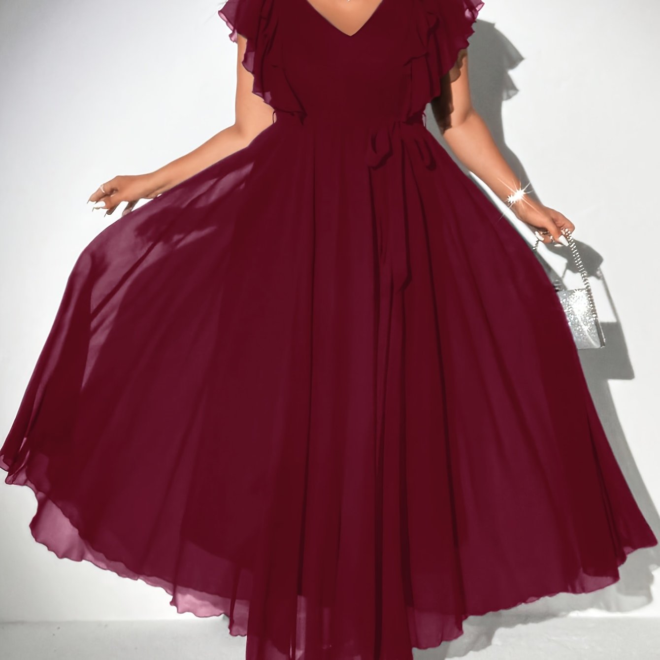 TEMU Grande Taille - Grande Taille - Grande Taille Robe Élégante en Mousseline Étincelante pour Femmes, Couleur Unie, Manches Volantées, Col en V ,