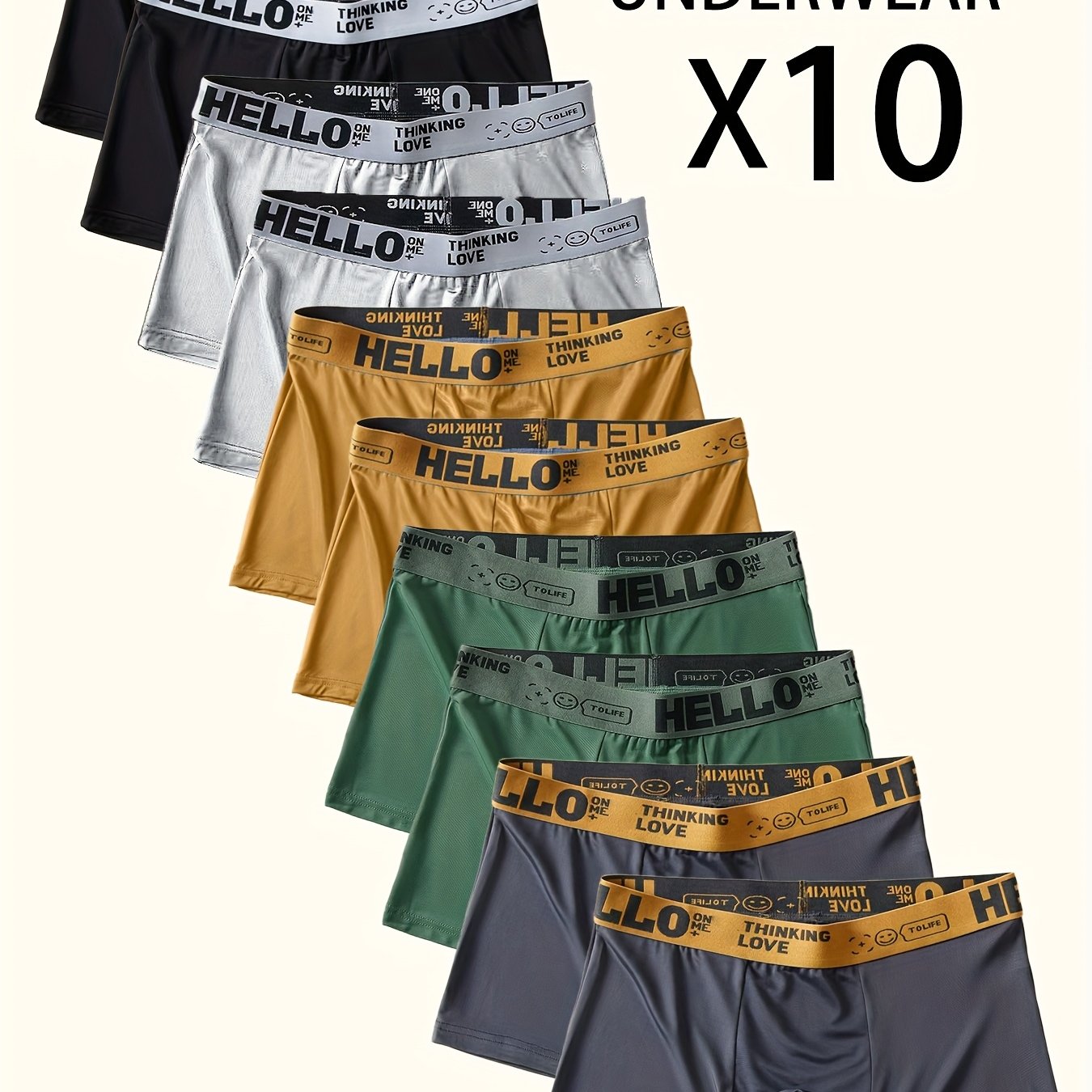 E-shop 10er-Pack "Hallo" Bedruckte Herren-Flachschlitz-Unterhosen - , Atmungsaktiv, Bequem, Hochelastisch, Schnelltrocknende Sportunterhosen