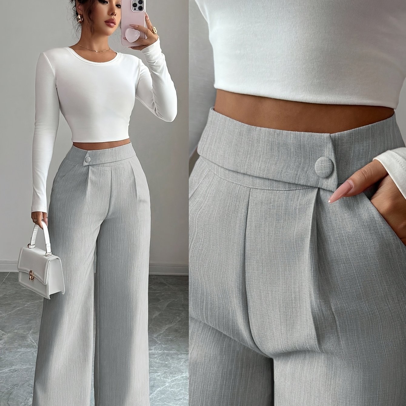 TEMU Elegant Teacher's Uniform With -covering Bamboo Fabric Waist Button Design, A Versatile, Loose-fitting, And Flowing Straight-leg Pants Essential