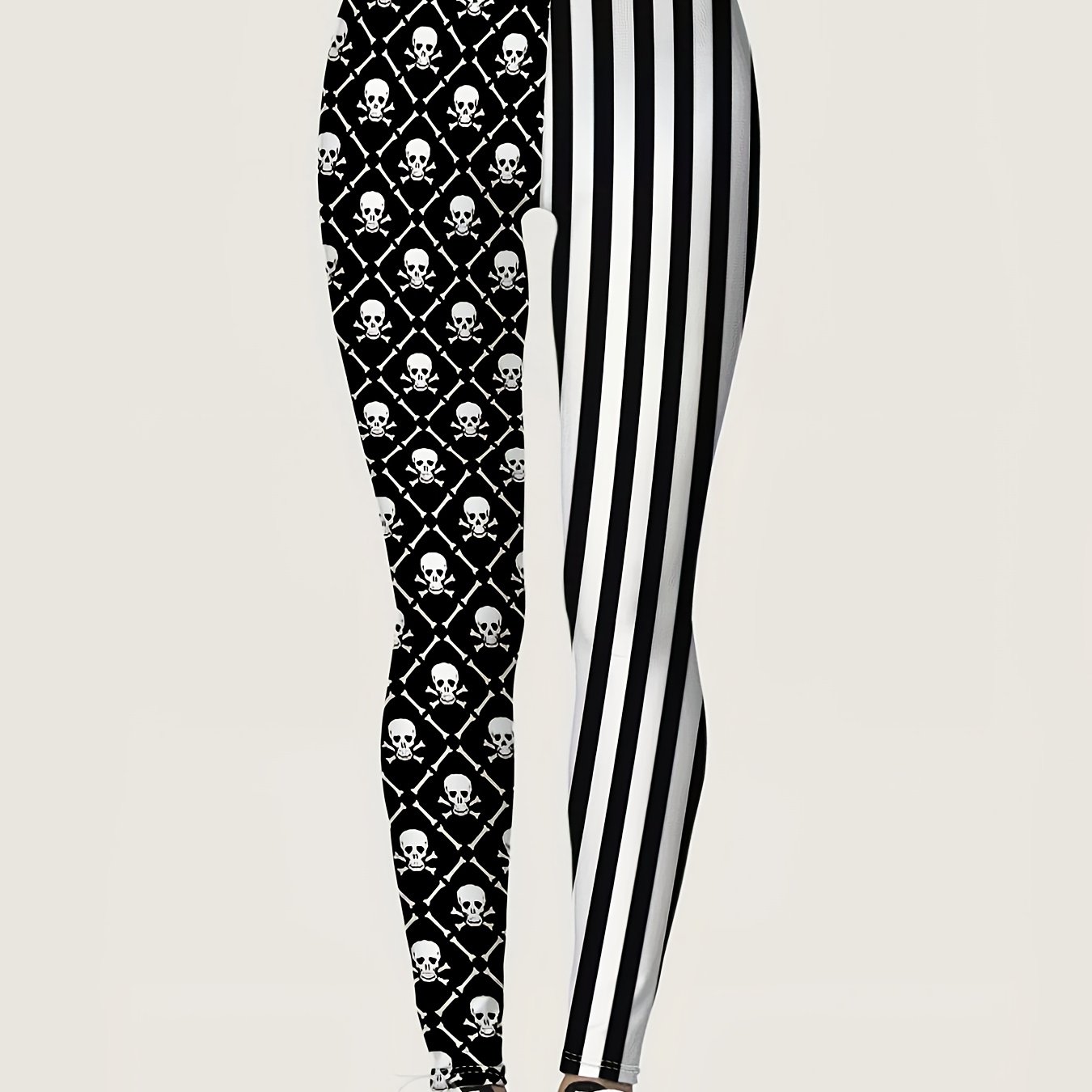 TEMU Women' Leggings - Premium Super Soft Stretchy Color Block Stripes With Skull & Print, Machine Washable Casual Pants For Spring Summer Fall,