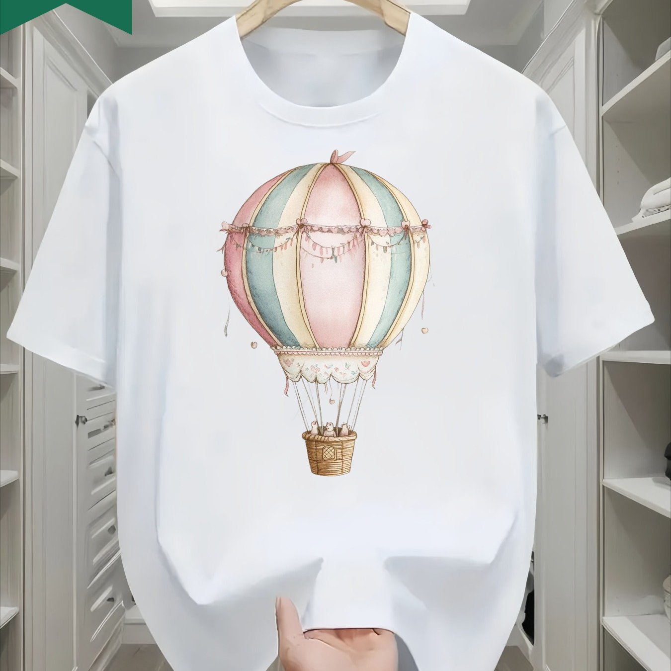 1pc Men's & Women's Soft Cotton T-shirt - Pastel Print Hot Air Balloon & Hearts, Unisex Round Neck Short Sleeve Tee, Casual Streetwear, Machine Washable, Beige & For Wear Suitable For Men And Women
