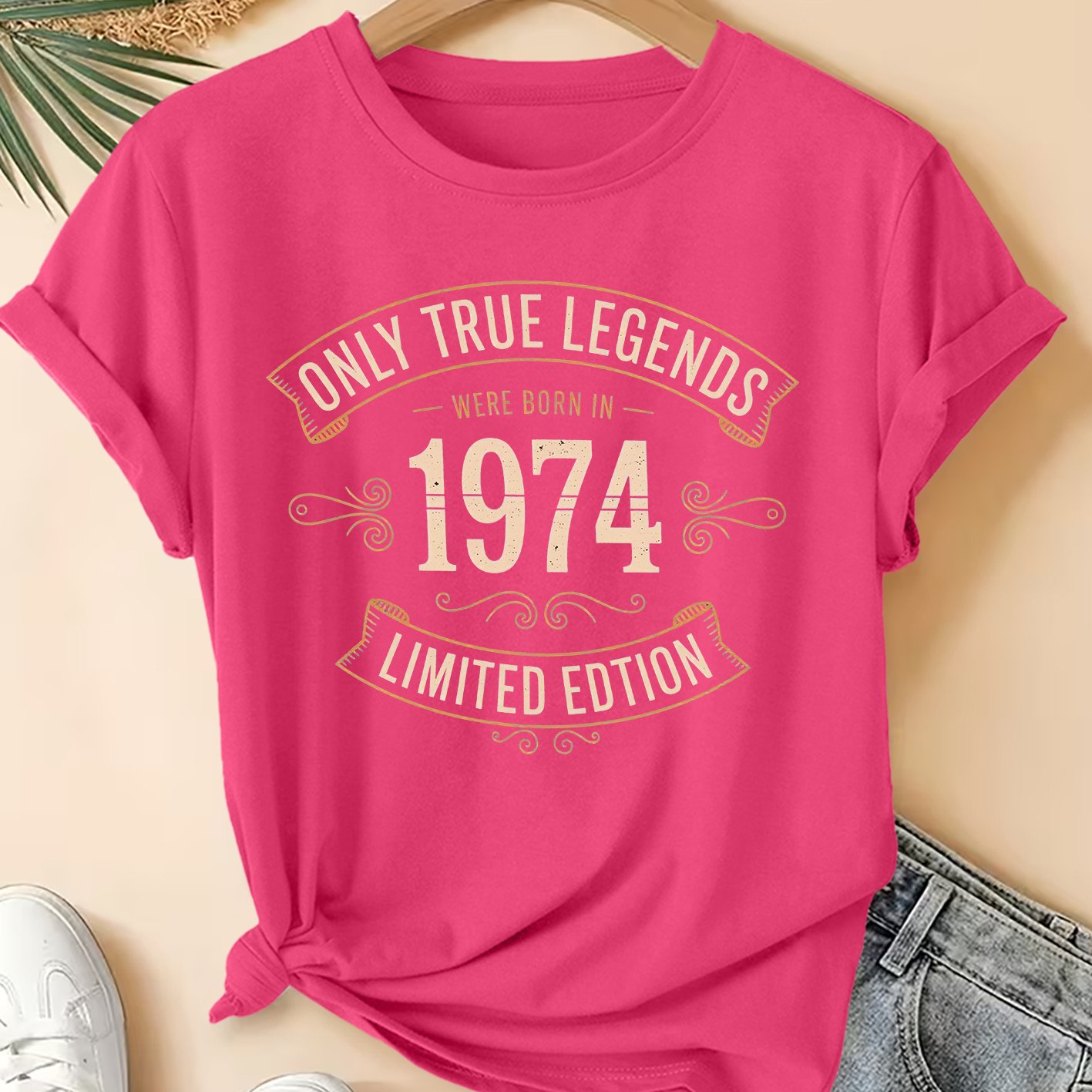 TEMU Women's Plus Size Vintage 1974 Retro T-shirt - "only True Born In 1974" Text Print Crew Neck Short Sleeve Blouse-compatible Top | Machine
