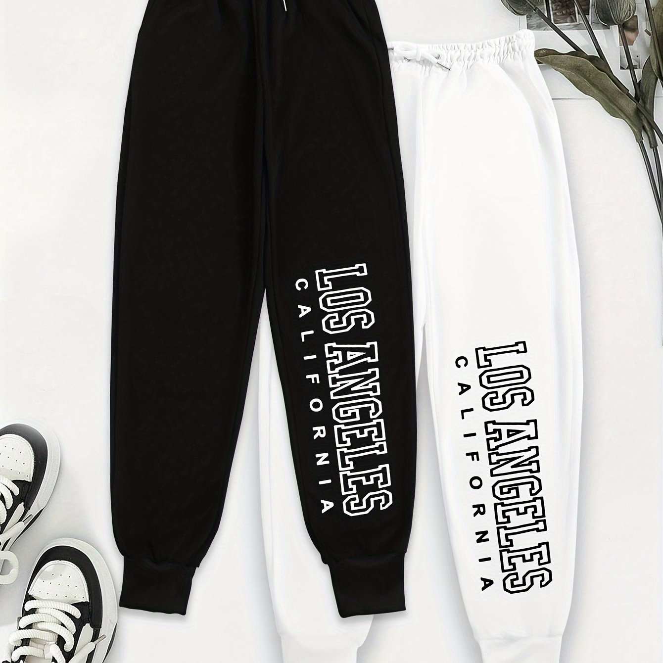 TEMU 2pcs, Letter Print Pants, Elastic Waist Casual Trousers, Women's Clothing