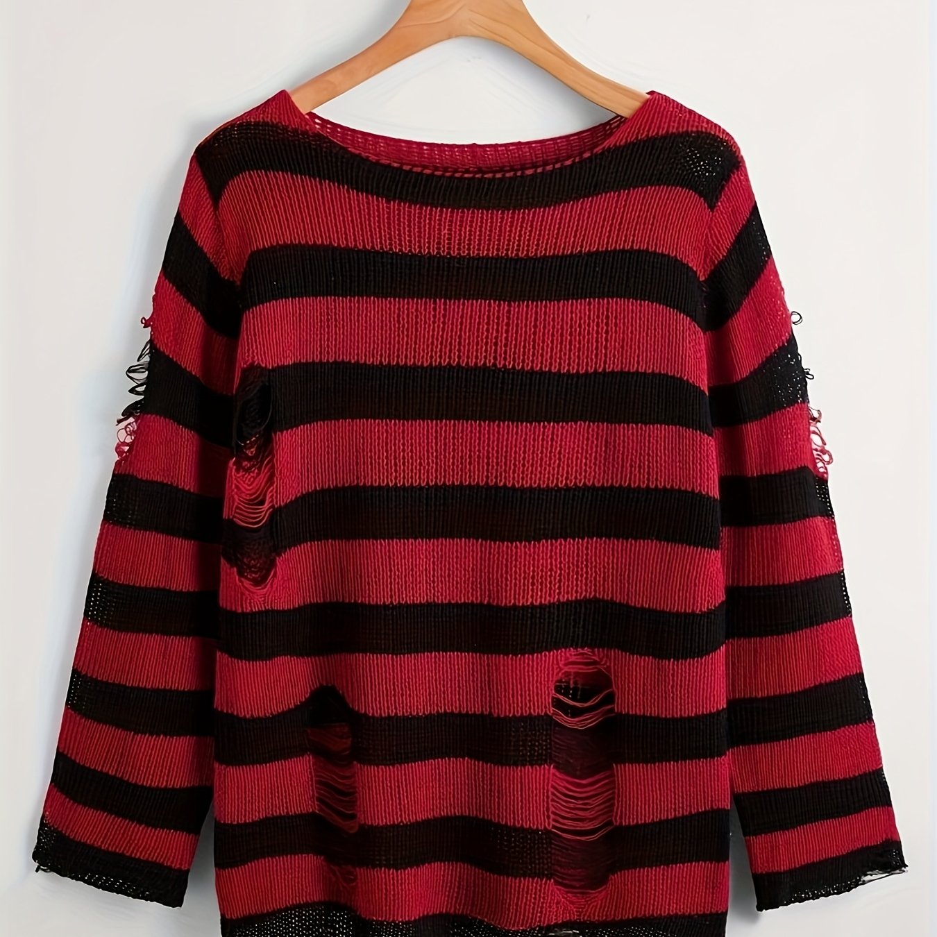 TEMU Pull à rayures larges, , effet usé, avec col ras du cou, plusieurs détails irréguliers à bords sur les manches et coupe