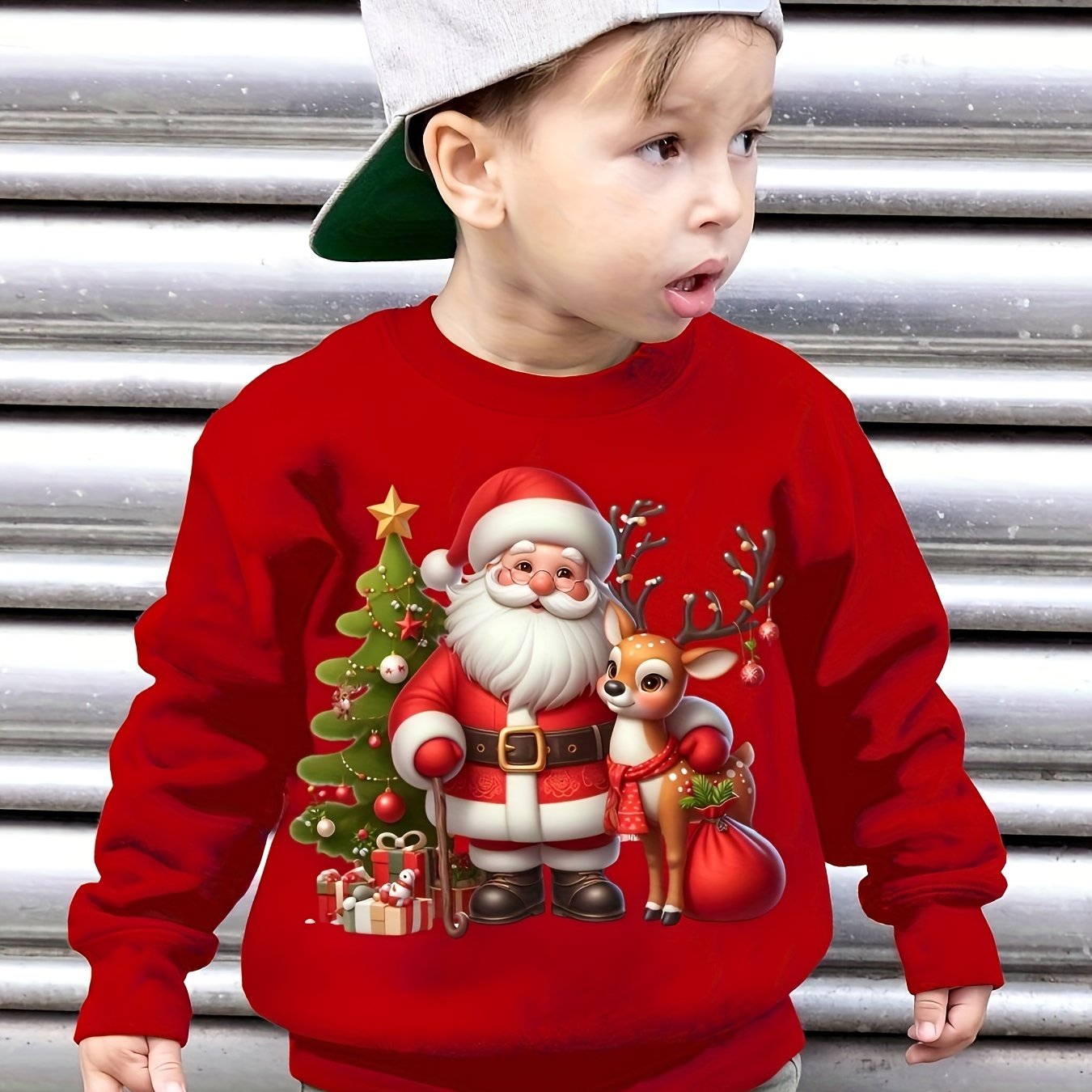 Boys' Autumn And Winter Stylish Fleece Sweatshirt Featuring Christmas-themed Prints Of Santa Claus And Reindeer, Perfect For Casual Wear With Long Sleeves
