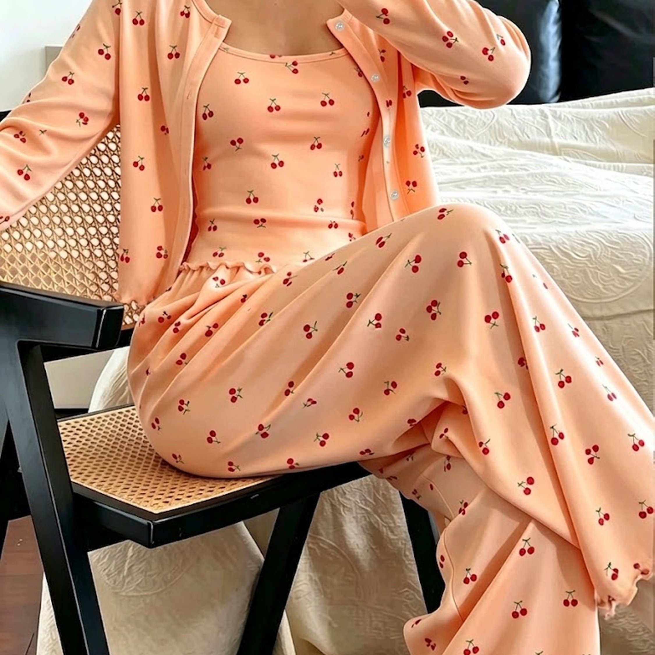 TEMU New Women's Fashion 3pcs Loungewear Set, Cherry Print Pattern Casual And Outfit
