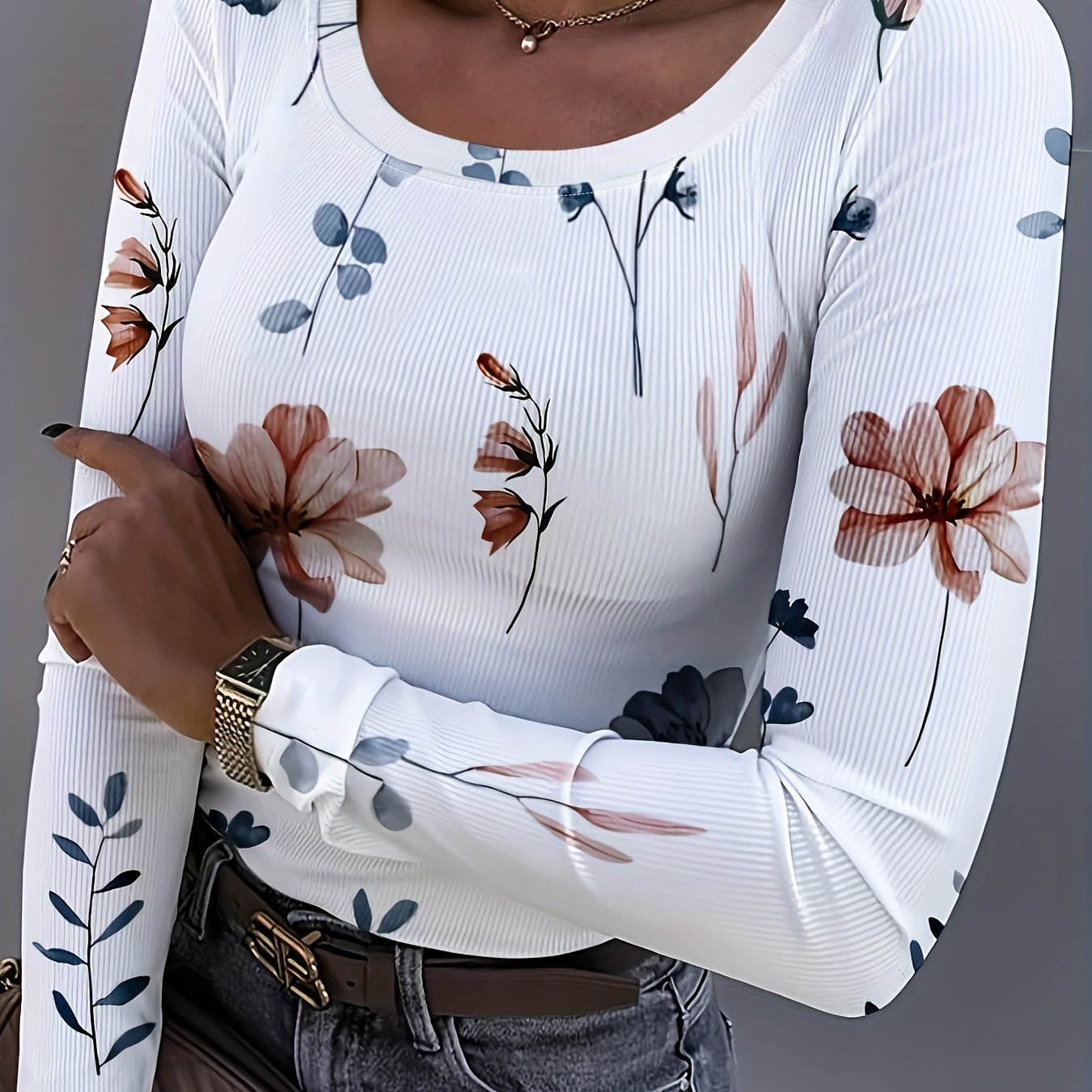 Image of Fashionable Casual Square-neck Floral Printed Long Top For Women, And Autumn Basic Shirt, Loose And Versatile Style, And Stylish, Featuring A Unique Floral Print, Machine Washable Dry