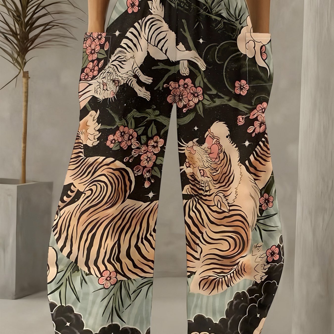 TEMU Japanese -e Tiger Cherry Printed Wide-leg Pants, Black- With -e Style Tiger, Cherry , And Wave Patterns, Exuding A Rich Retro Japanese Aesthetic