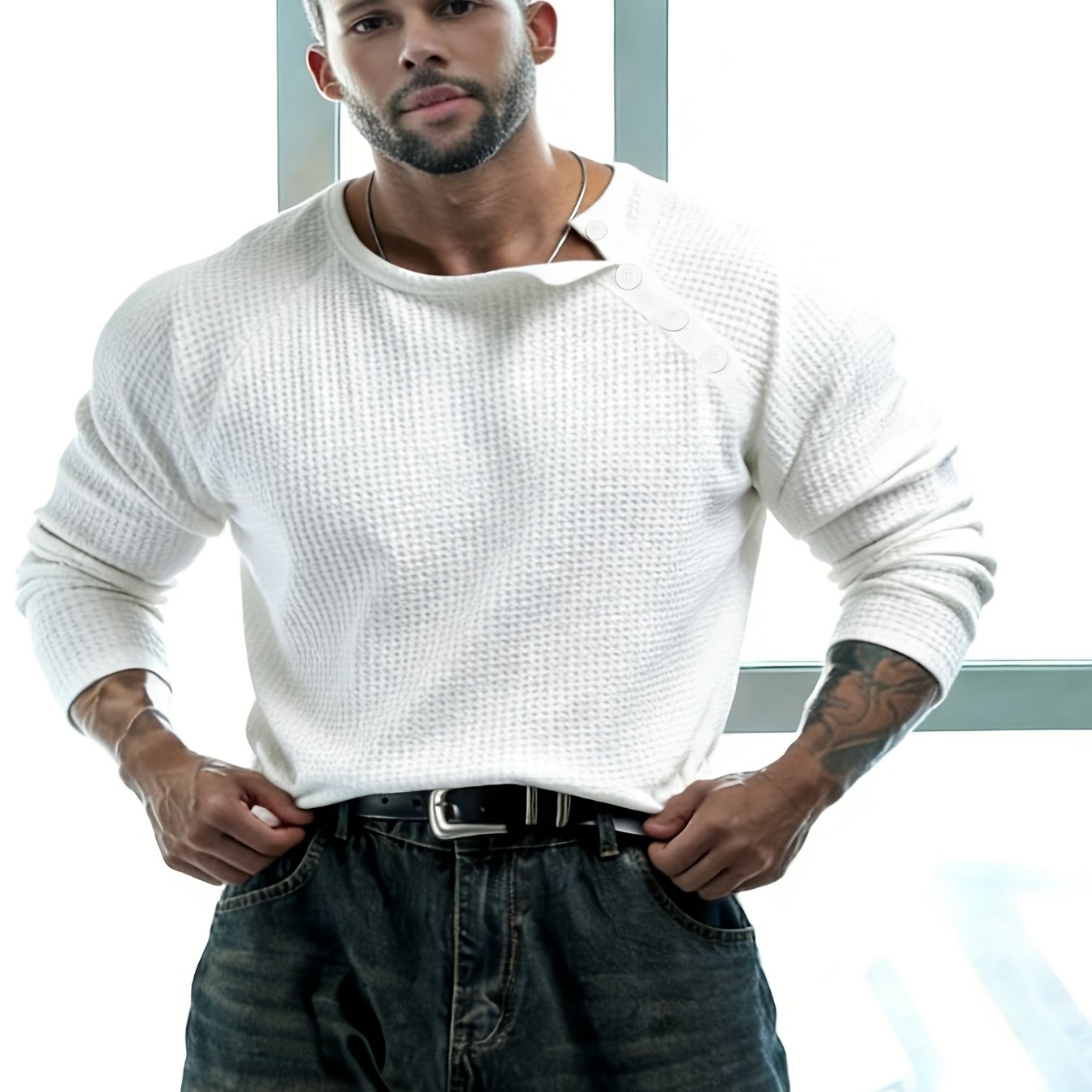TEMU Joshmei Obm Men's Waffle Knit Slim Fit Versatile T-shirt, Autumn/winter Sporty Casual Side Button Neck Long Sleeve Top
