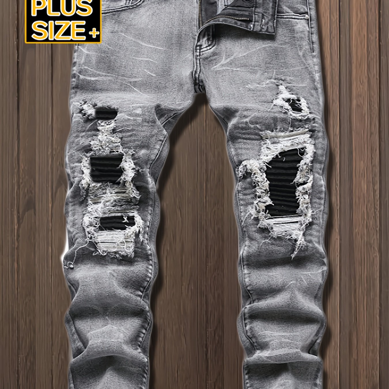 TEMU [hme] Men's Large-sized 1xl-6xl Jeans, With Extra Wide And Stretchy Design, High Waist And Deep Crotch For A , Retro Distressed And -, Plus Size