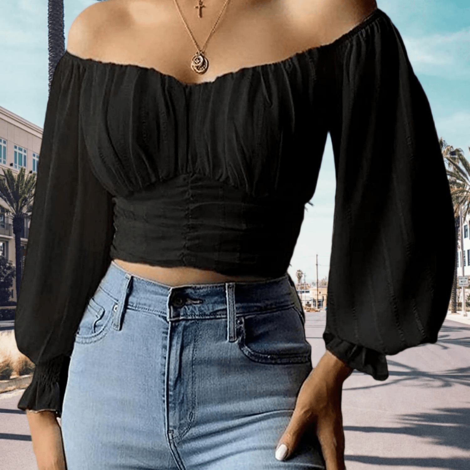 Women's Spring Blouse Off The Shoulder Puff Sleeve Slim Fit Party Crop Top