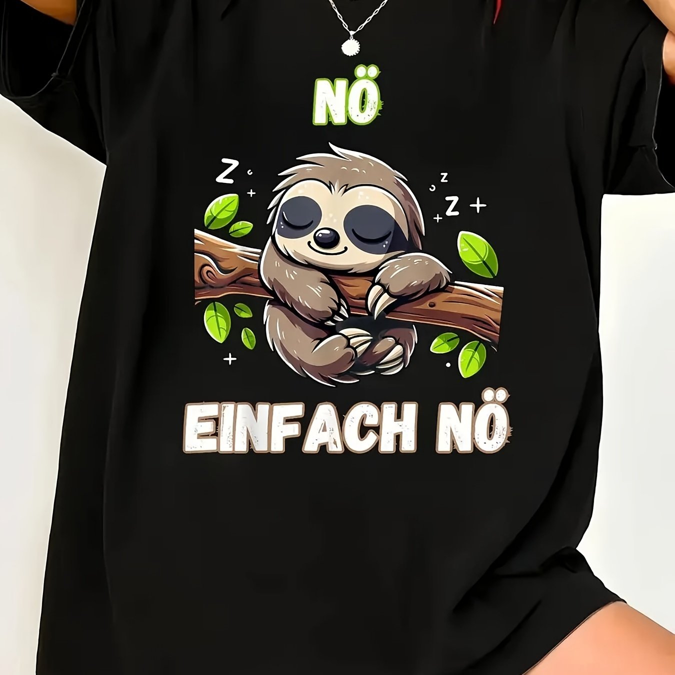 Image of Plus Size - Women's Plus Size T-shirt With Sloth Print & German Text - Oversized Short Sleeve Crewneck, Comfortable Casual Fit | Humorous "no, Lazy" Design | Breathable Fabric ()