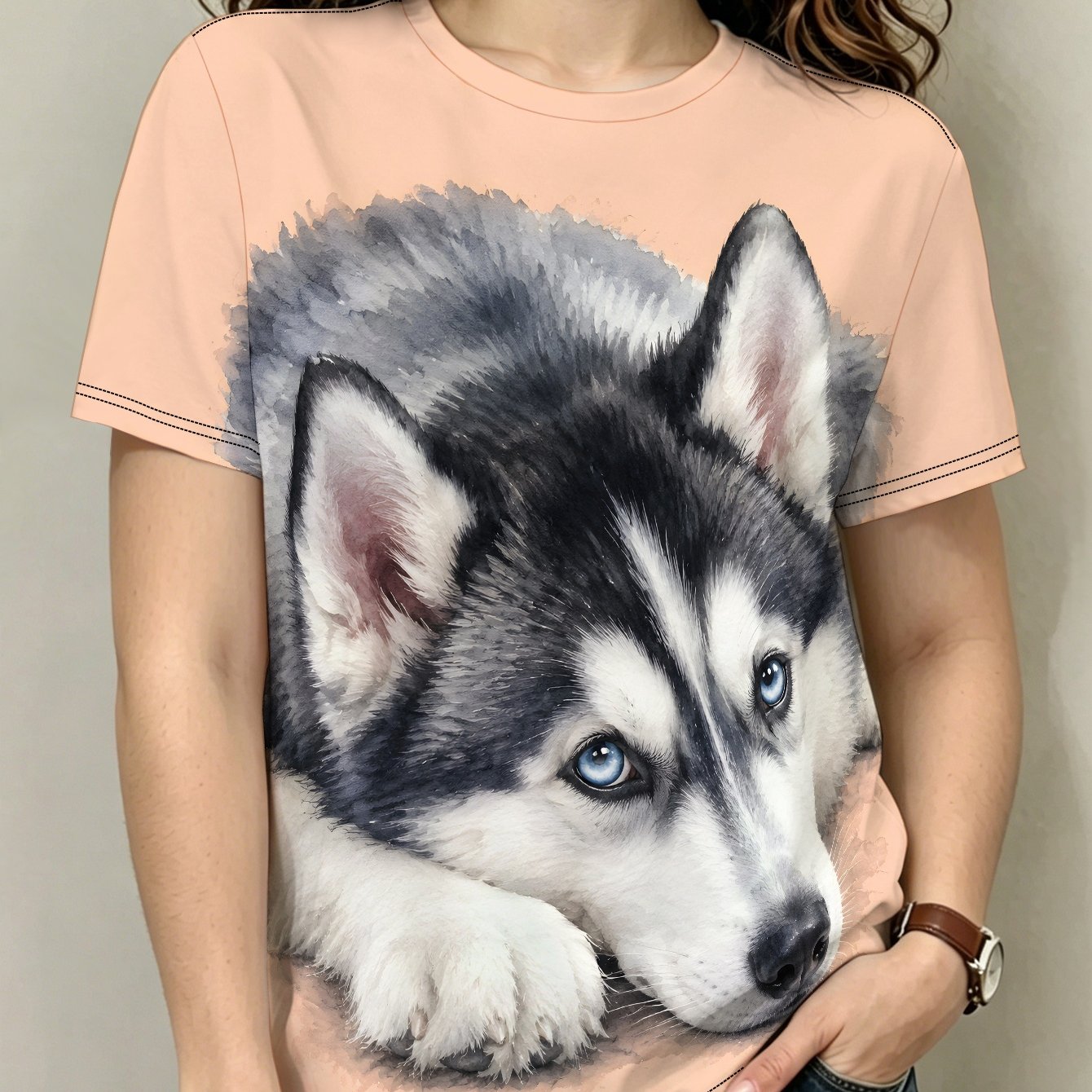 TEMU Relaxed Husky Watercolor Women's Casual Short Sleeve T-shirt