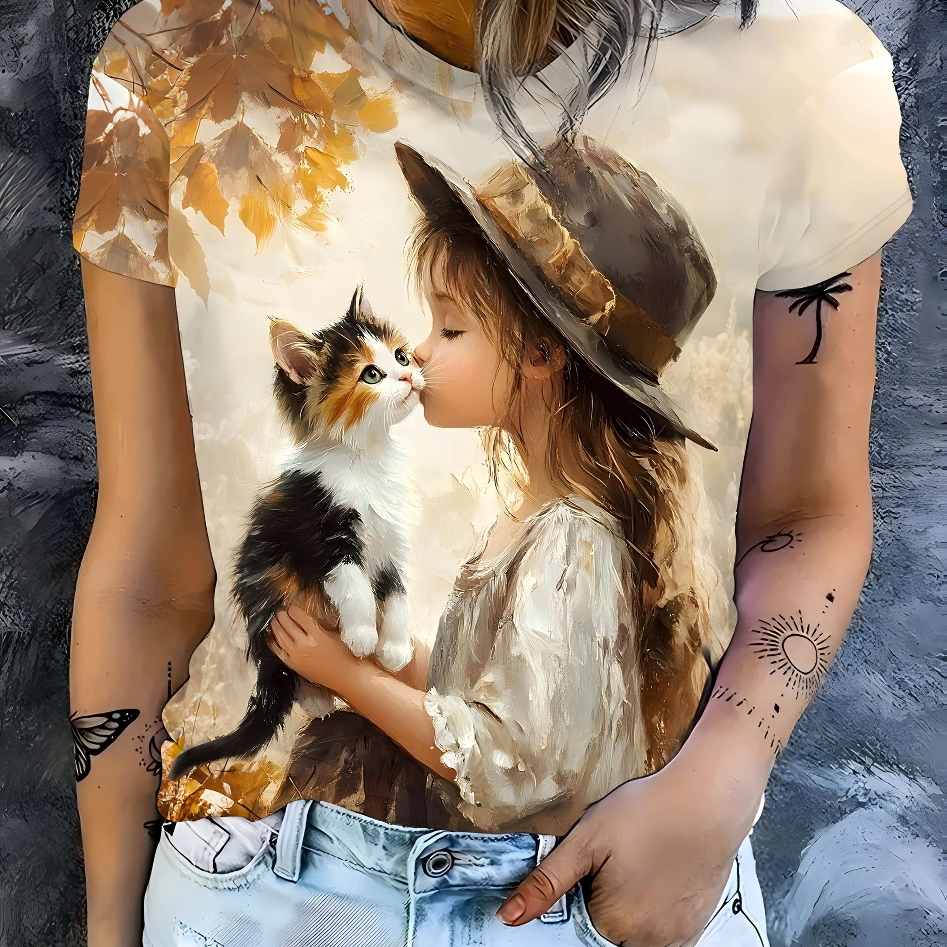 TEMU T-shirt con stampa di interazione intima tra gatto e gatto, stile pittura a olio, decorazione con foglie di acero autunnali, abbigliamento da