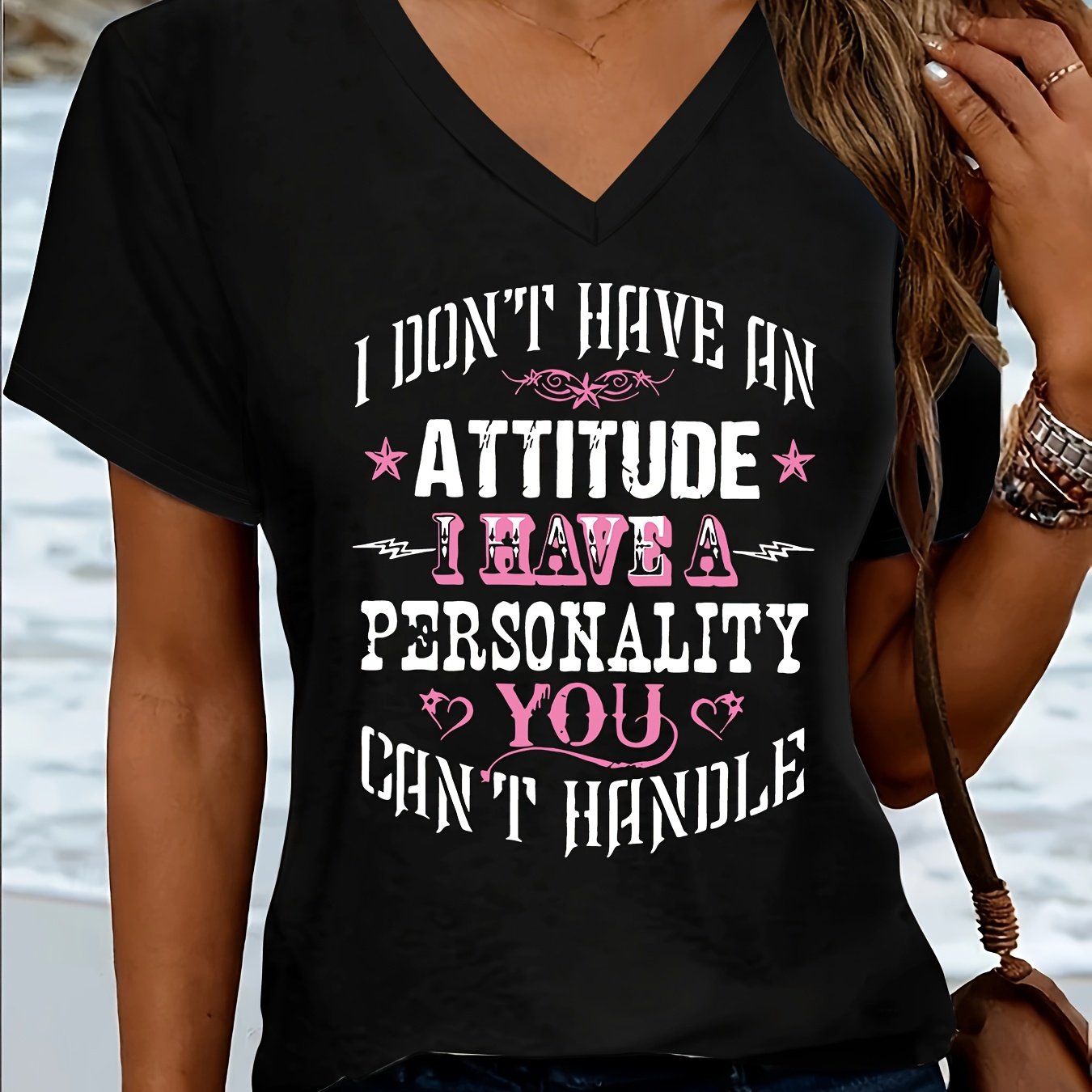 TEMU Plus Size - Plus Size - Plus Size Letter Print T-shirt, Short Sleeve V Neck Casual Top For Summer & Spring, Women's Plus Size Clothing