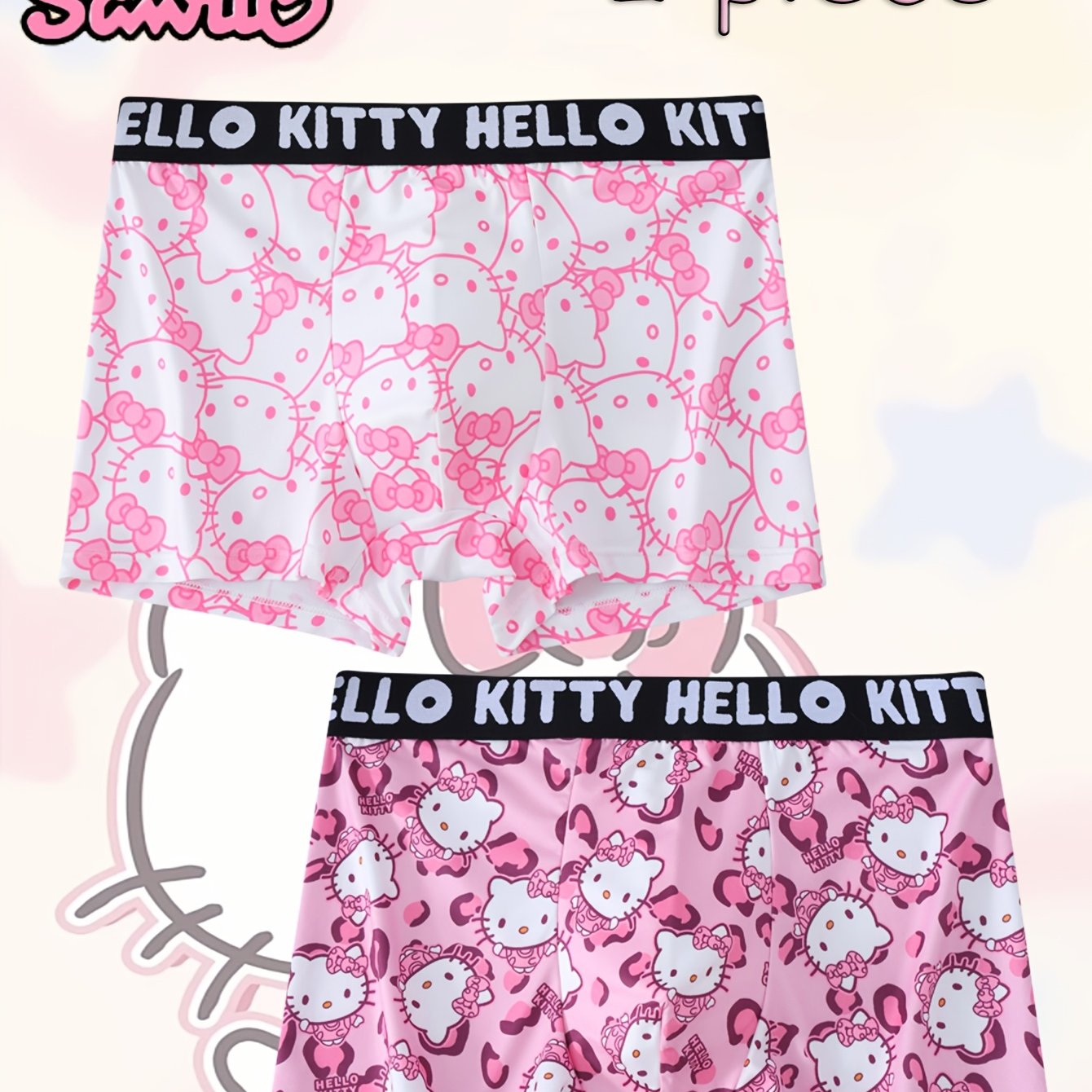 Image of This Set Of 's Boxer Shorts Is Designed Specifically For Young Males Who Love , Featuring A Blend Of And In Style. Pair Has A With A Pink Hello Kitty Outline Pattern
