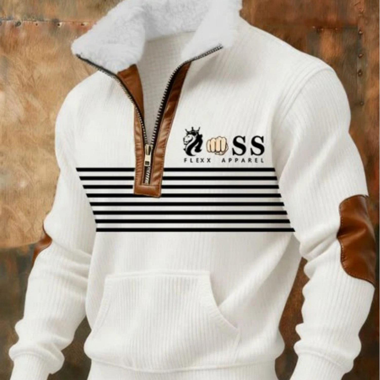 TEMU Plus Size Logo With , Men's Stylish Long-sleeve Top, Men's Fashion Sweatshirt With Striped Pattern, Fun Graphic Design, Suit For Casual, Party,