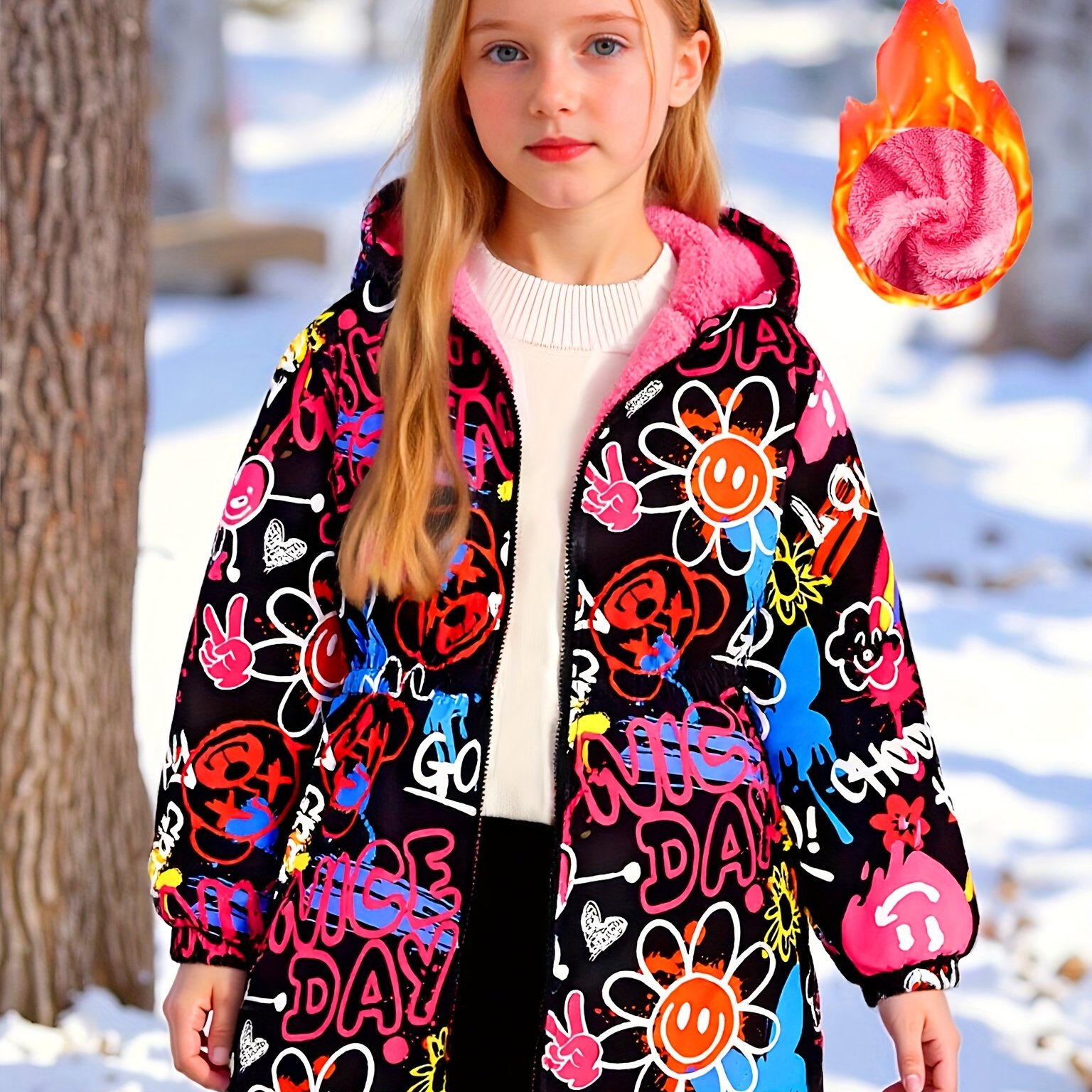 Image of Girls' 120-160 Size Winter Warm Coat - Cute Cartoon Print Outdoor Fleece-lined Zippered Hooded Waist-cinching Mid-length Jacket