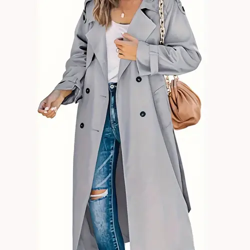 womens fashion autumn and winter long solid color windbreaker lapel design sports coat
