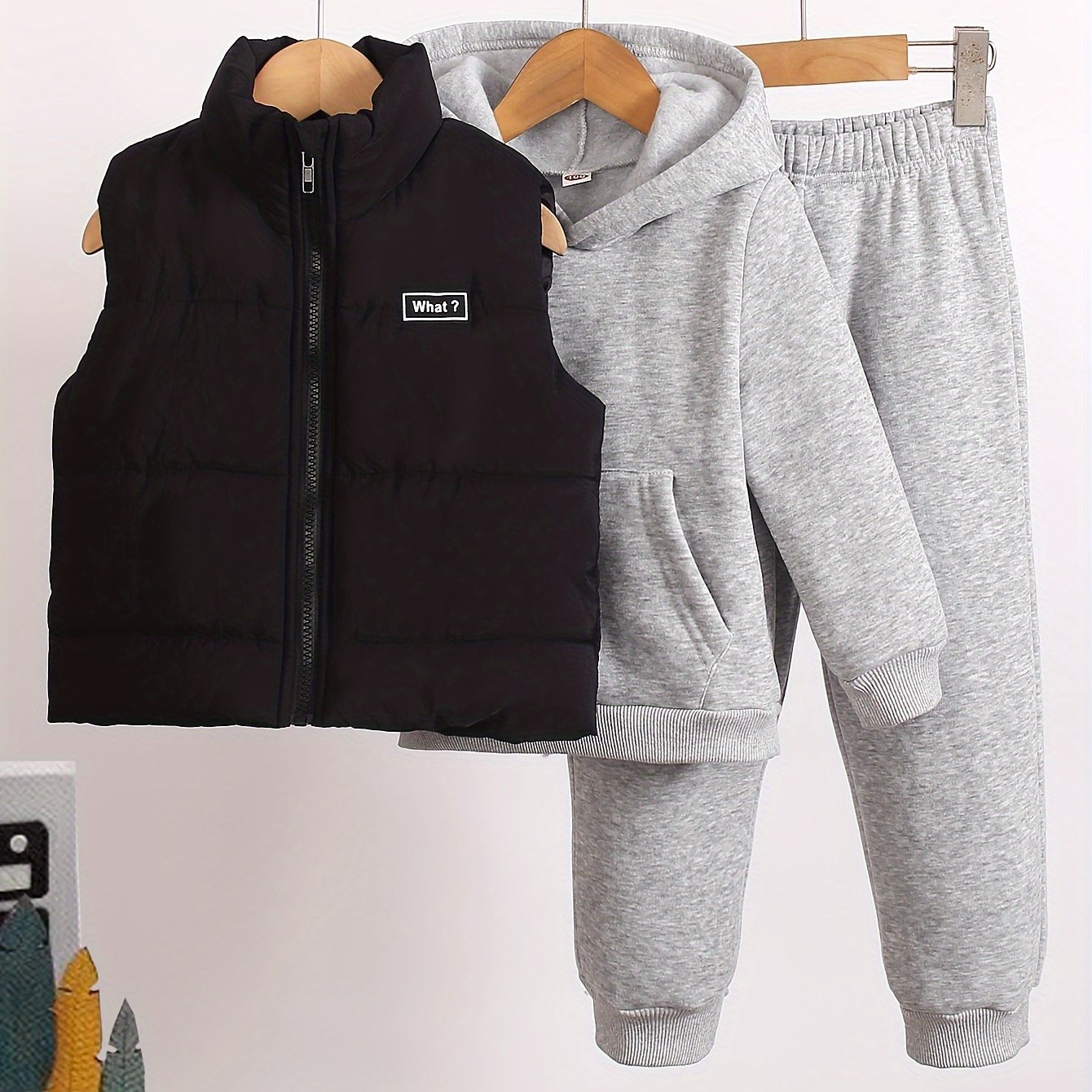 TEMU Boy's 3-piece Outfit Set, Fleece Hooded Sweatshirt, Long Pants, And Padded , Boy's Casual Or Ord Set For &