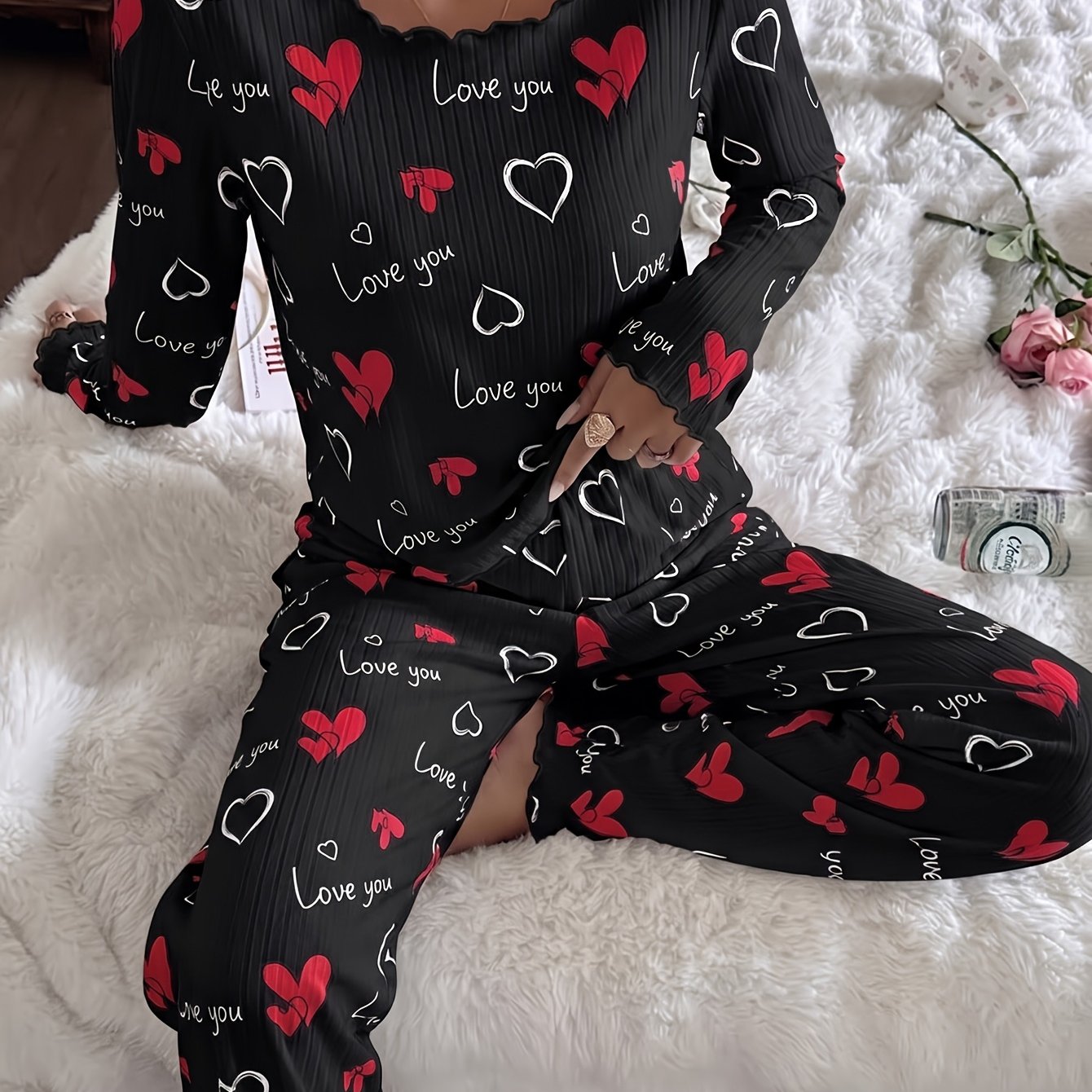 TEMU 2026 Fall Winter Women's 2pcs Premium Ribbed Pajamas, Sweet Ins Girly Crew Neck Long Sleeve Heart Love You Slogan Print Top, Waist Lounge Pants,