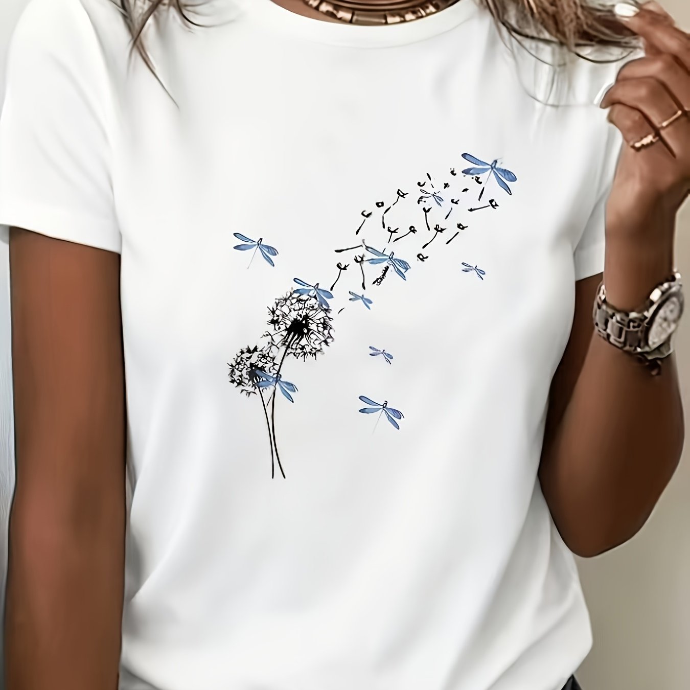 Image of Dandelion And Dragonfly Print Summer Women's Seasonal T-shirt, Fashion Women's Clothing