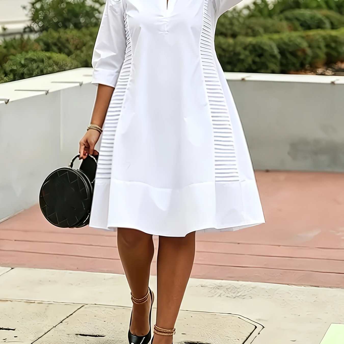 TEMU Robe décontractée couleur unie à col et mi-longue, robe couleur unie à col et demi-boutonnée avec plis latéraux et manches lanterne - à volants,