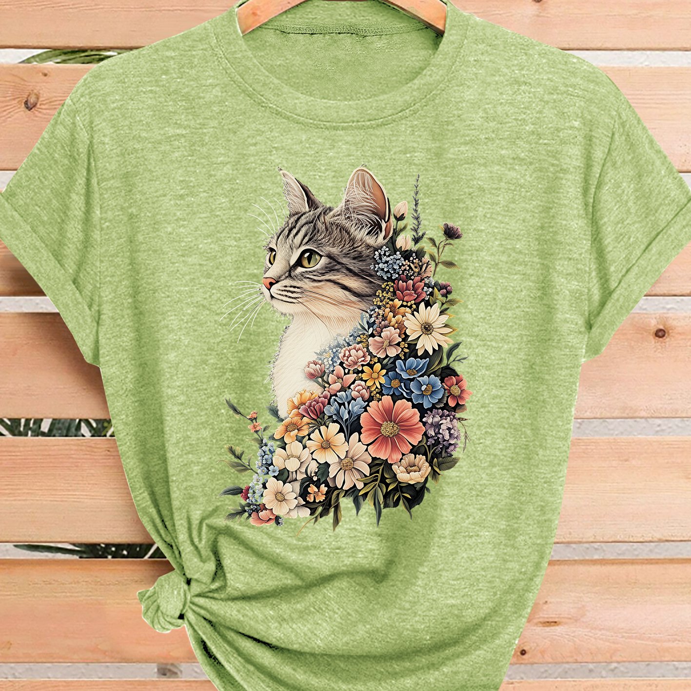 TEMU Women's Summer Top, Mosaic Floral Cat Print, Spring Summer Fall Elegant Vintage Style Loose Fit Versatile Casual Athletic Soft Comfortable Round
