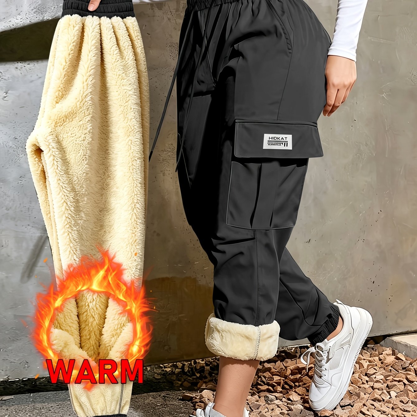 TEMU Women's Winter -lined Thickened Warm Cargo Pants, Casual Trendy Solid Color Jogger Pants With Drawstring Waist And Large Pockets, Suitable For