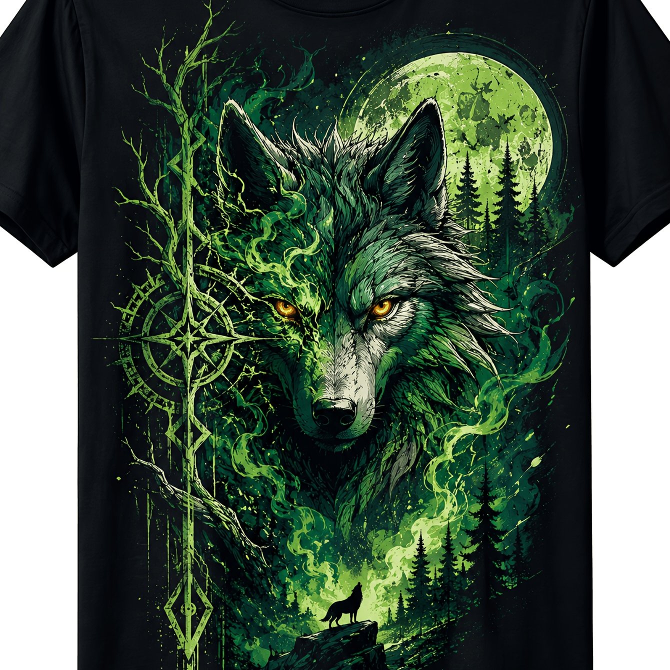 TEMU Men's Mystical Wolf Graphic Tee, Vintage Style Printed T-shirt For Outdoor Casual And Forest-inspired Daily Outfits