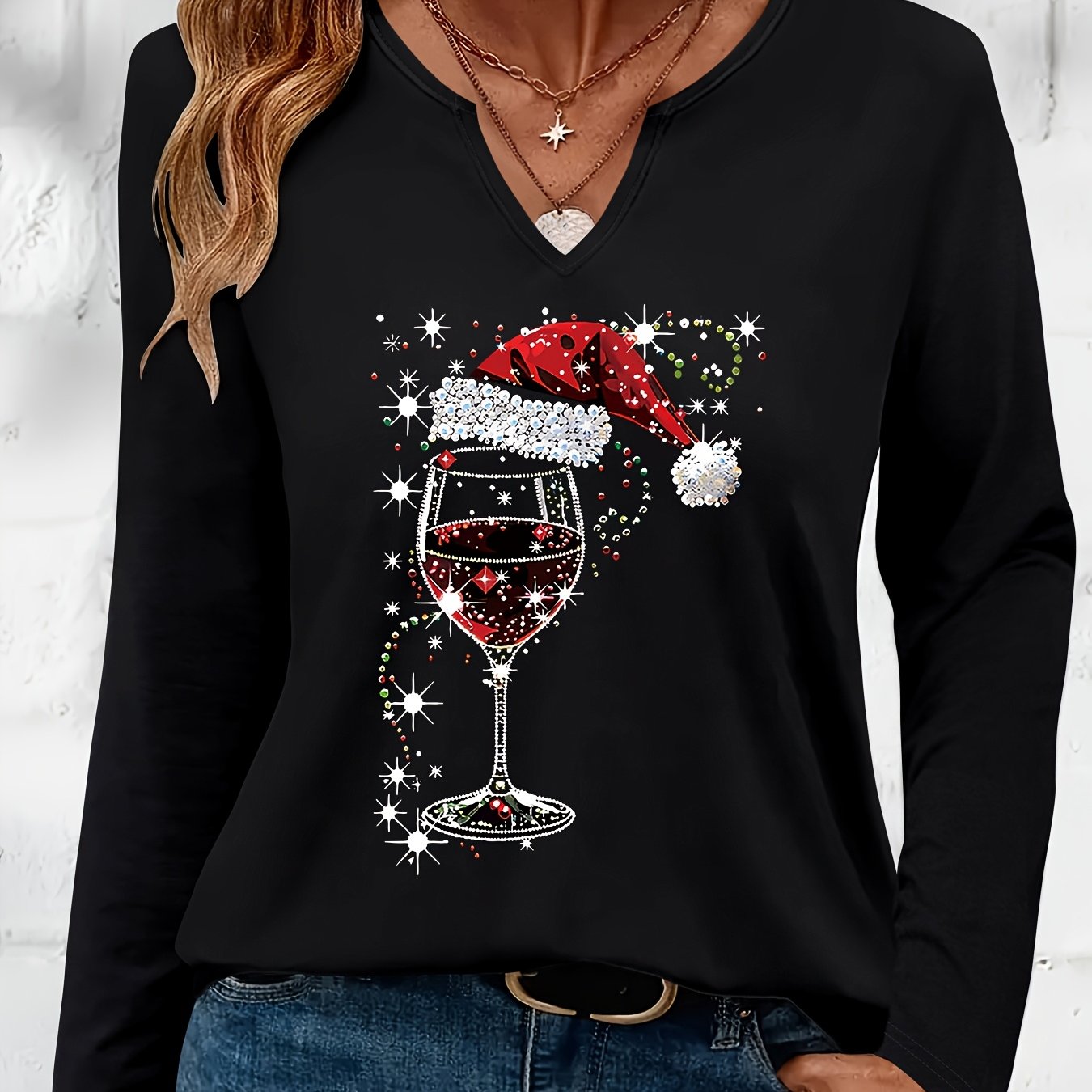 TEMU Women's Long-sleeve T-shirt With -neck And Printed Design For Christmas And Spring/autumn