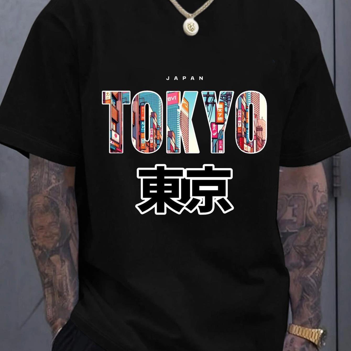TEMU Mens Oversized 100% Cotton T-shirt - Tokyo Graphic Tee With Japanese Design, Vibrant Geometric Patterns & Lettering, Casual Streetwear Summer