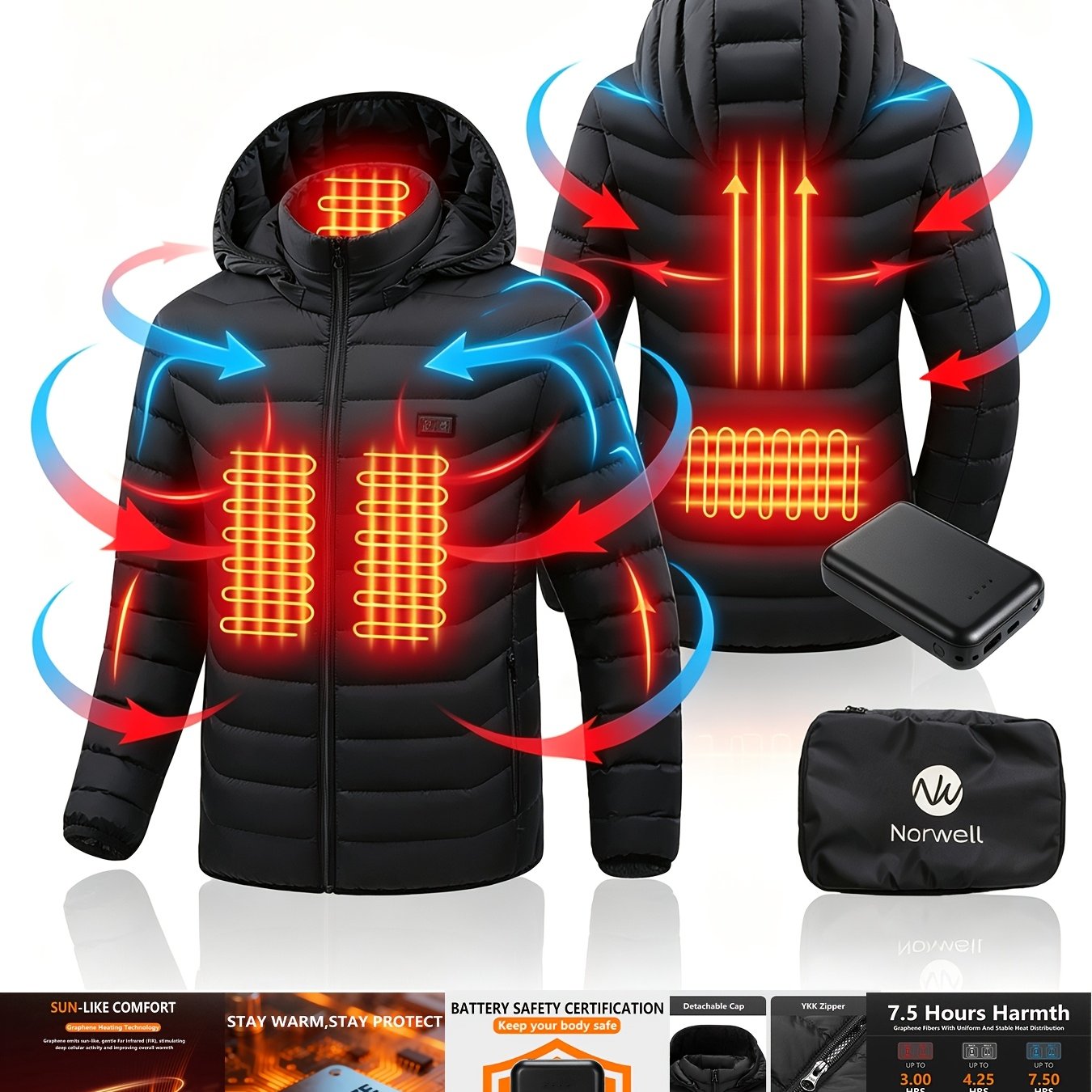 TEMU Men's Winter Smart Heated Long Sleeve Jacket, 3-level Usb Heating With 5 Large Heating Zones, Upgraded , 5000mah Power Bank For Long-lasting .