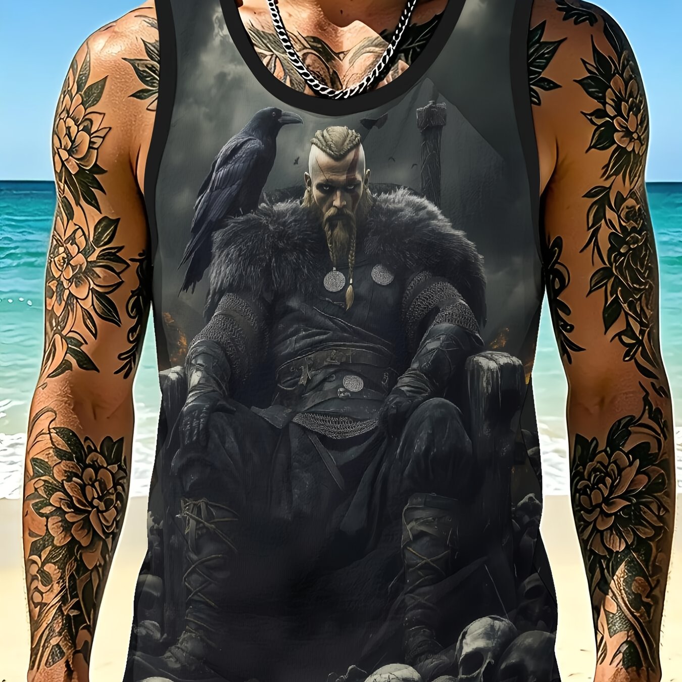 TEMU 1pc Men's Breathable Mesh Vest Viking War God Digital Printed, Breathable Sleeveless Top For Fitness And Running