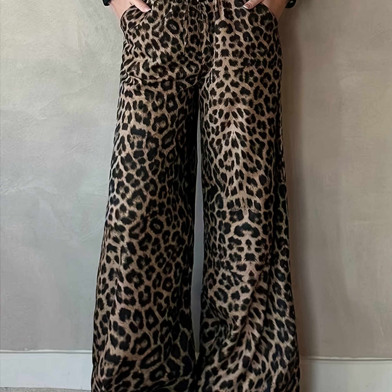 TEMU Leopard Trousers, 2025 Fashion Spring/autumn New Elastic Waist Drapey Loose Wide Leg Long Pants