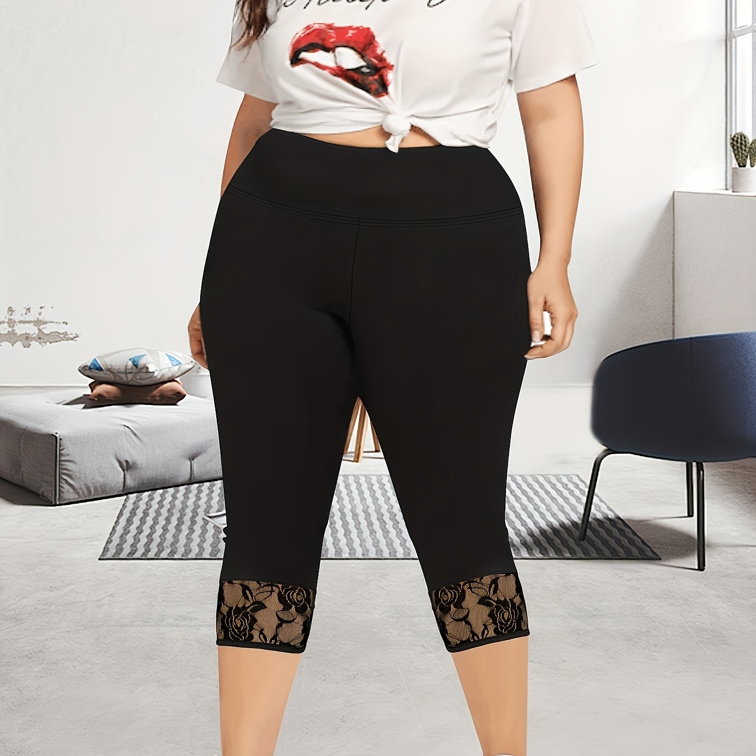 TEMU Plus Size High-waisted Hip-lifting Slim-fit Solid Color Tight 7-point Leggings, Black Lace Spliced 7-point Pants At The Hem, Essential For,