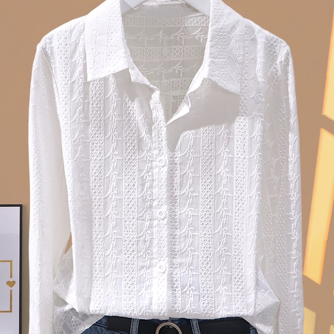 TEMU French Texture Jacquard Shirt Women's Spring Autumn Lapel Loose Long Sleeve Top Versatile Temperament Inner Shirt