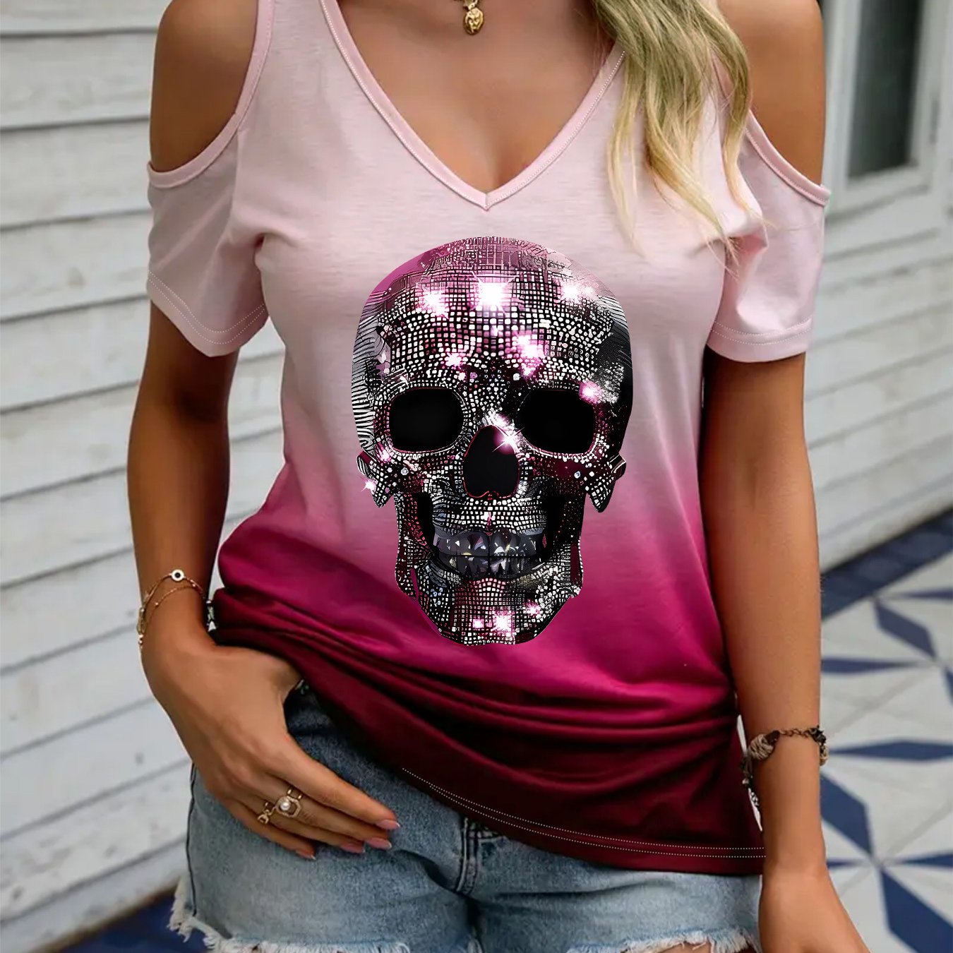 E-shop 4.21 Damenmode T-Shirt, V-Ausschnitt T-Shirt mit Druckdesign, stylisches Damen Gradient Farbblock Off-Shoulder Kurzarm T-Shirt
