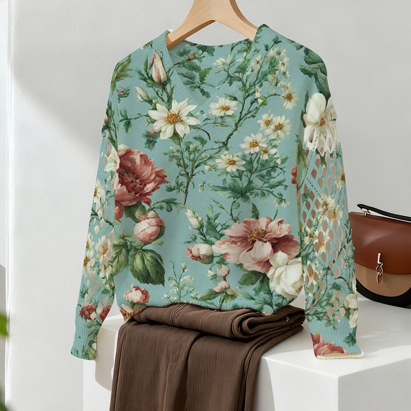 TEMU Elegant Women's Floral Pullover Sweater - Long-sleeve Pullover With Floral Pattern, Featuring A , Suitable For Daily And Formal Occasions In