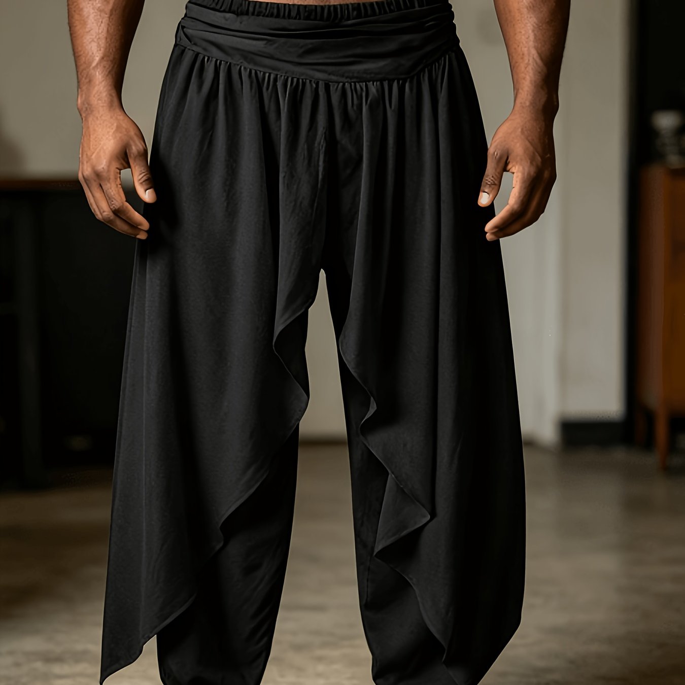 Image of Men's Casual Solid Layered Baggy Trousers With An Elastic Waist, Perfect For Daily Outdoor Activities And A Hippy Style, Baddie Clothes