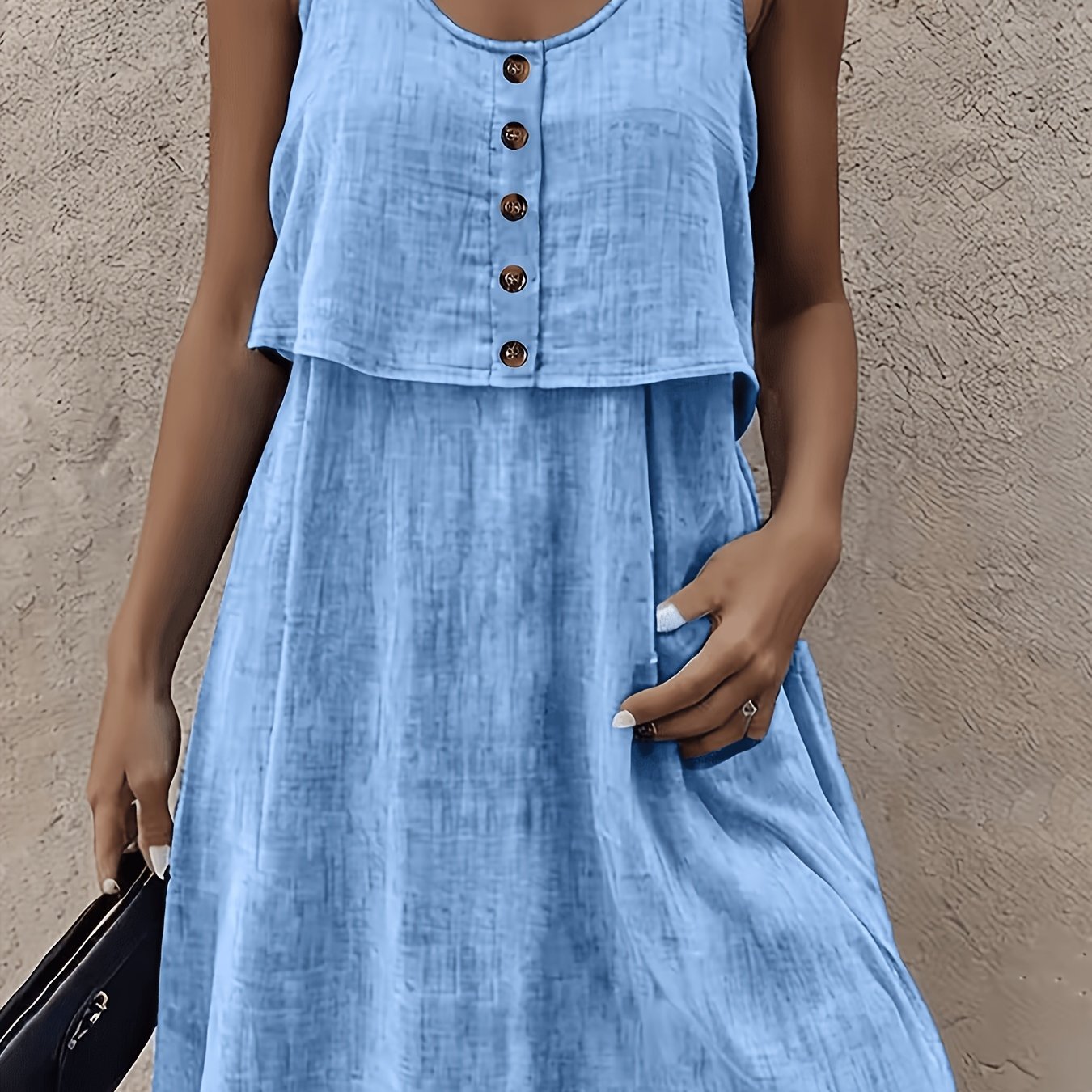 Plus Size, Plus Size Loose Solid Color 1pc Round Neck Front-button Vest Dress